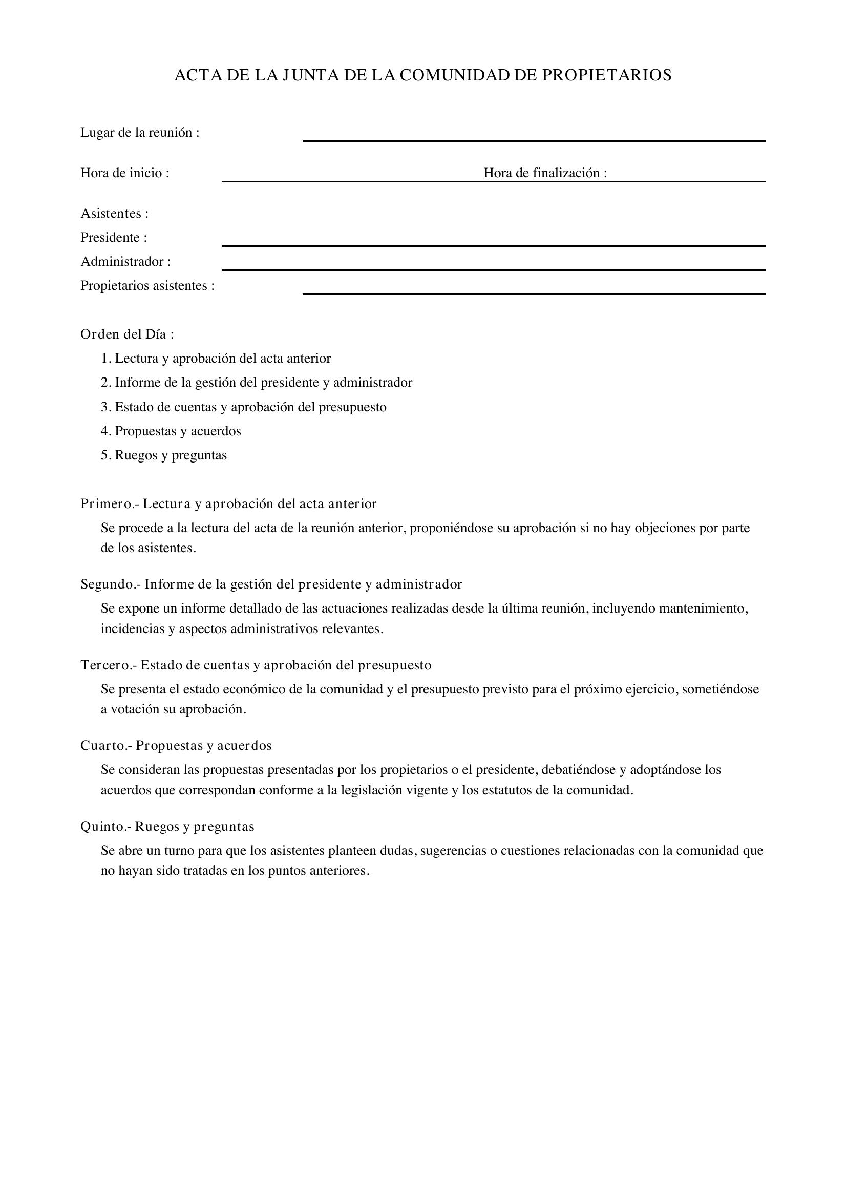 Acta Comunidad De Propietarios
