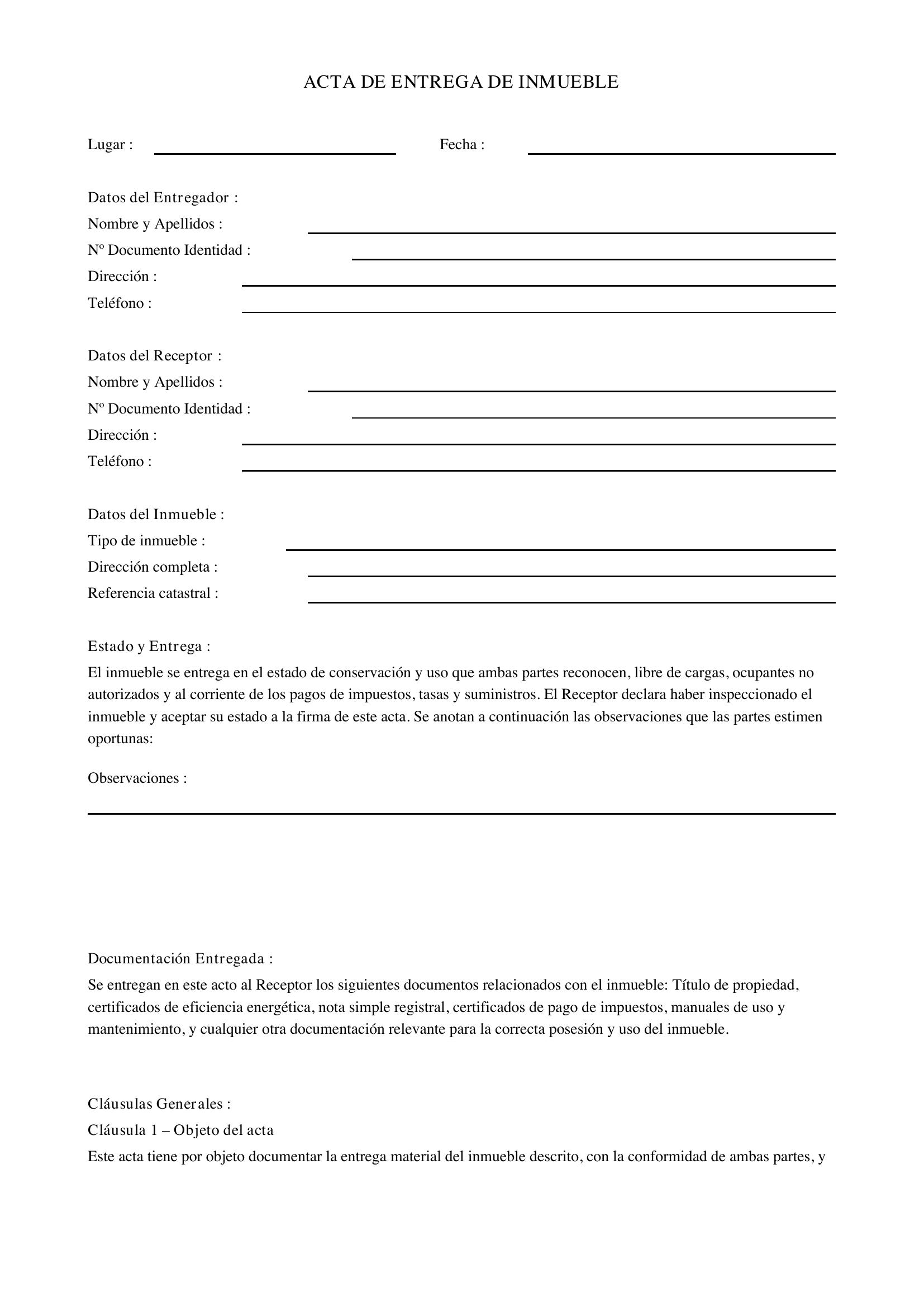 Acta De Entrega De Inmueble