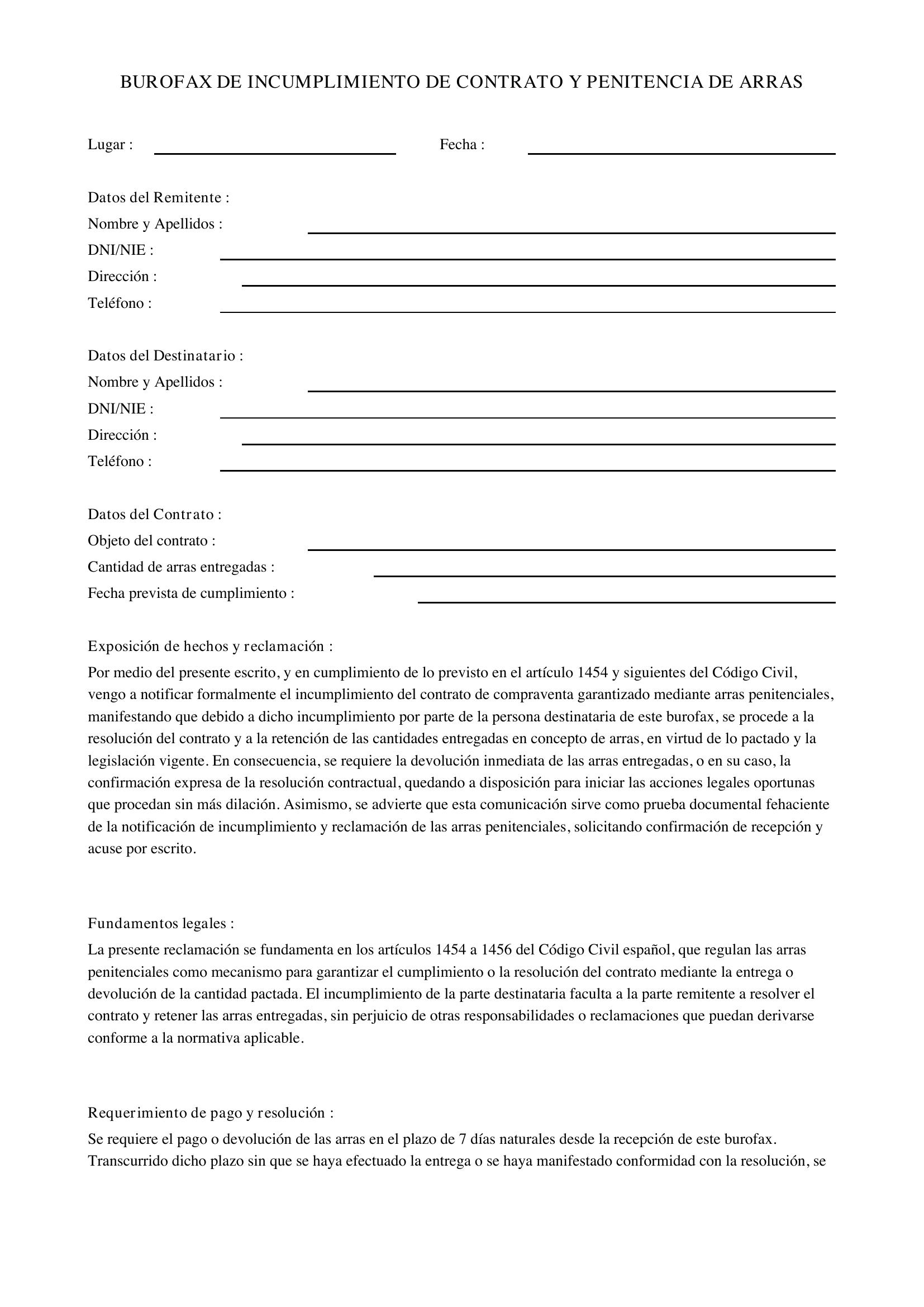 Burofax Incumplimiento Arras Penitenciales