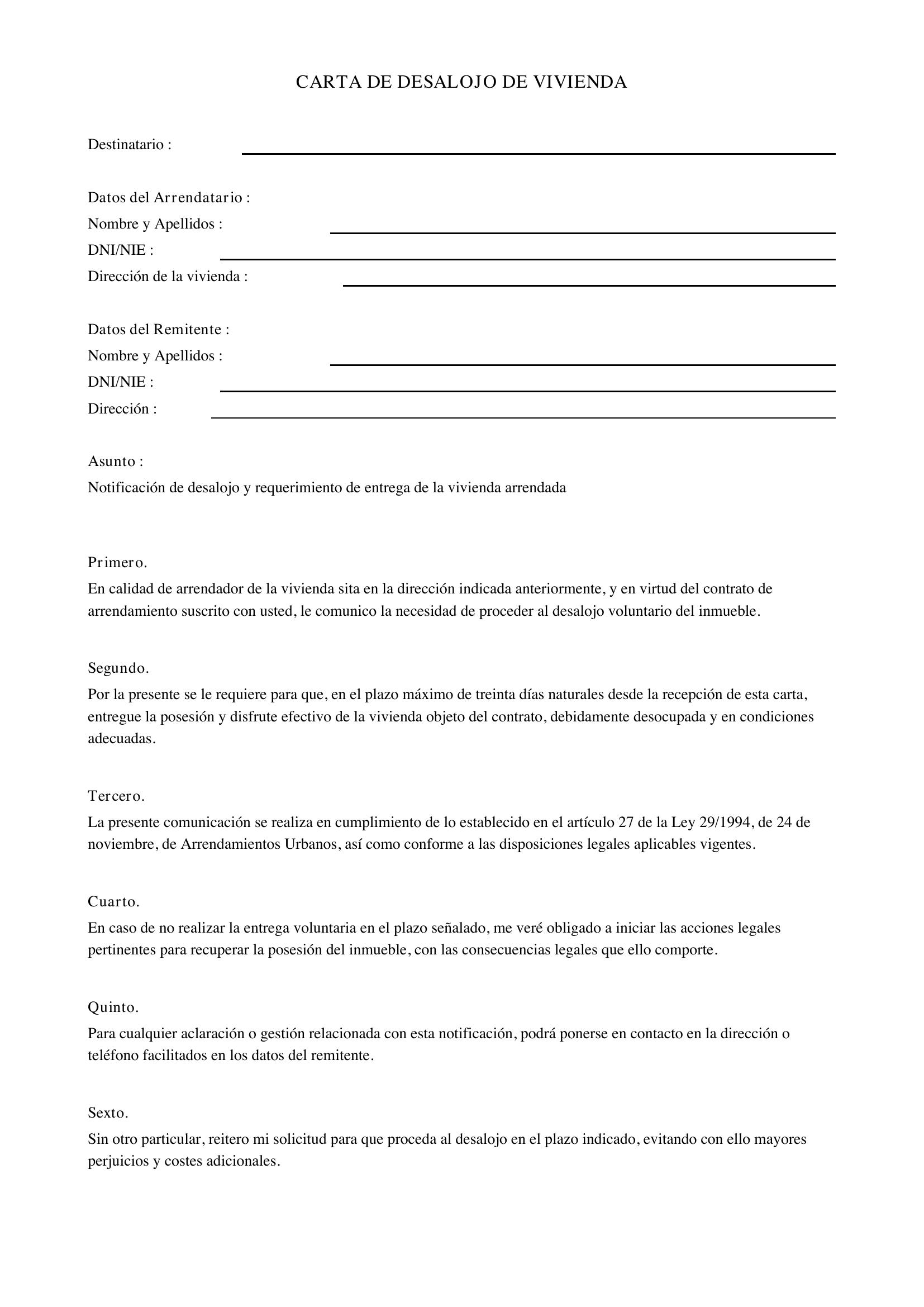 Carta De Desalojo De Vivienda