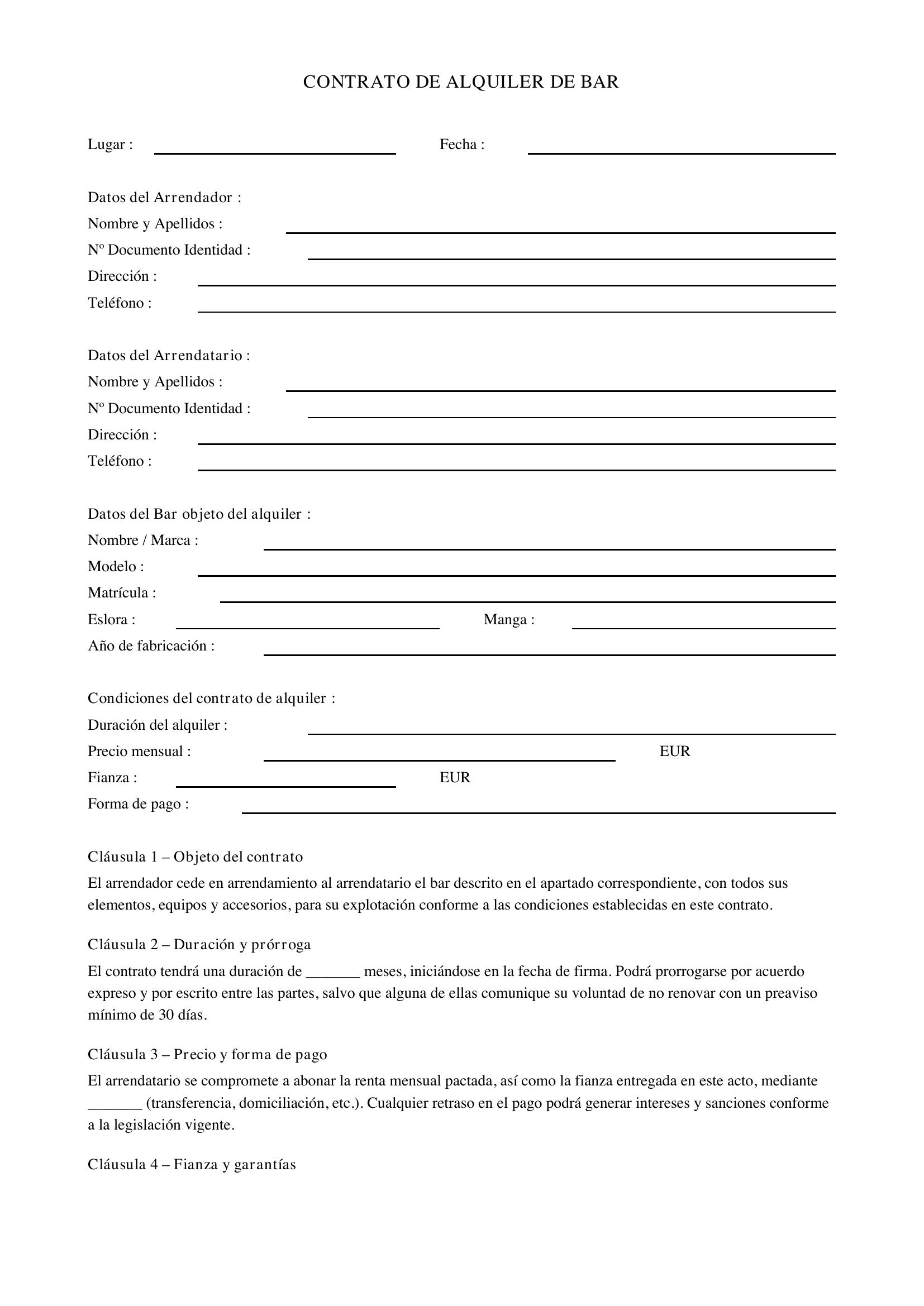Contrato Alquiler Bar