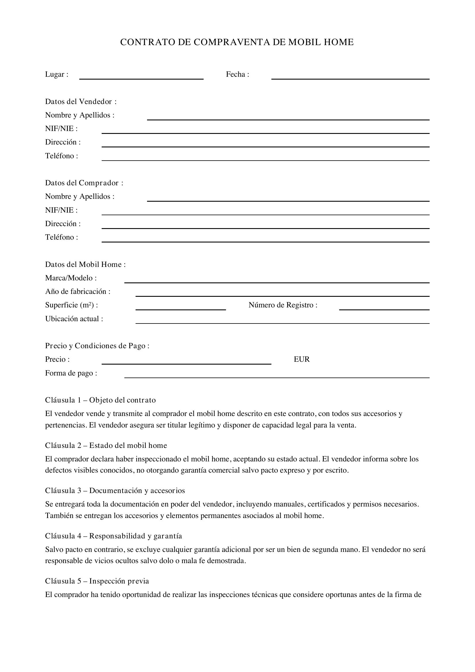 Contrato Compraventa Mobil Home