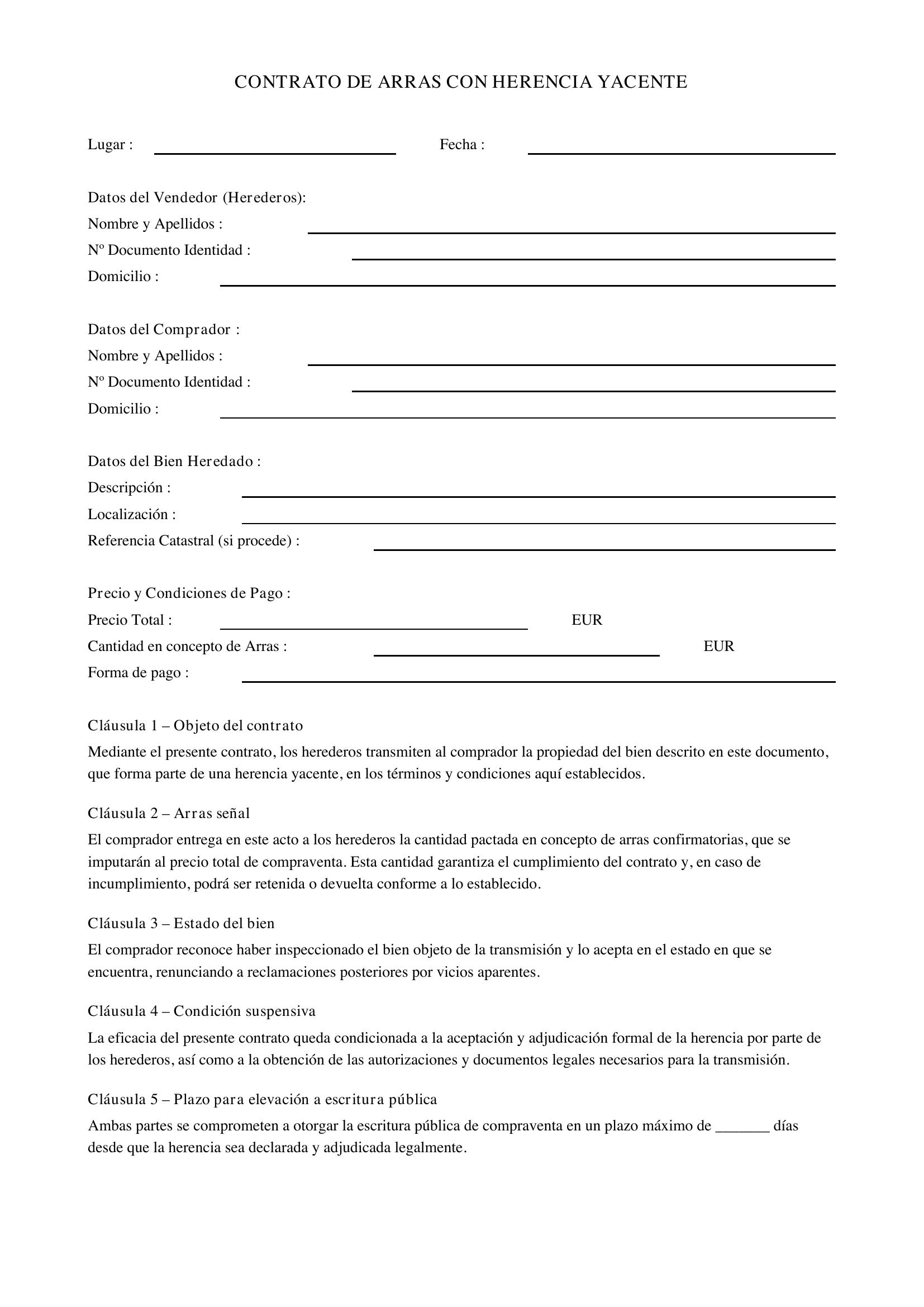 Contrato De Arras Con Herencia Yacente