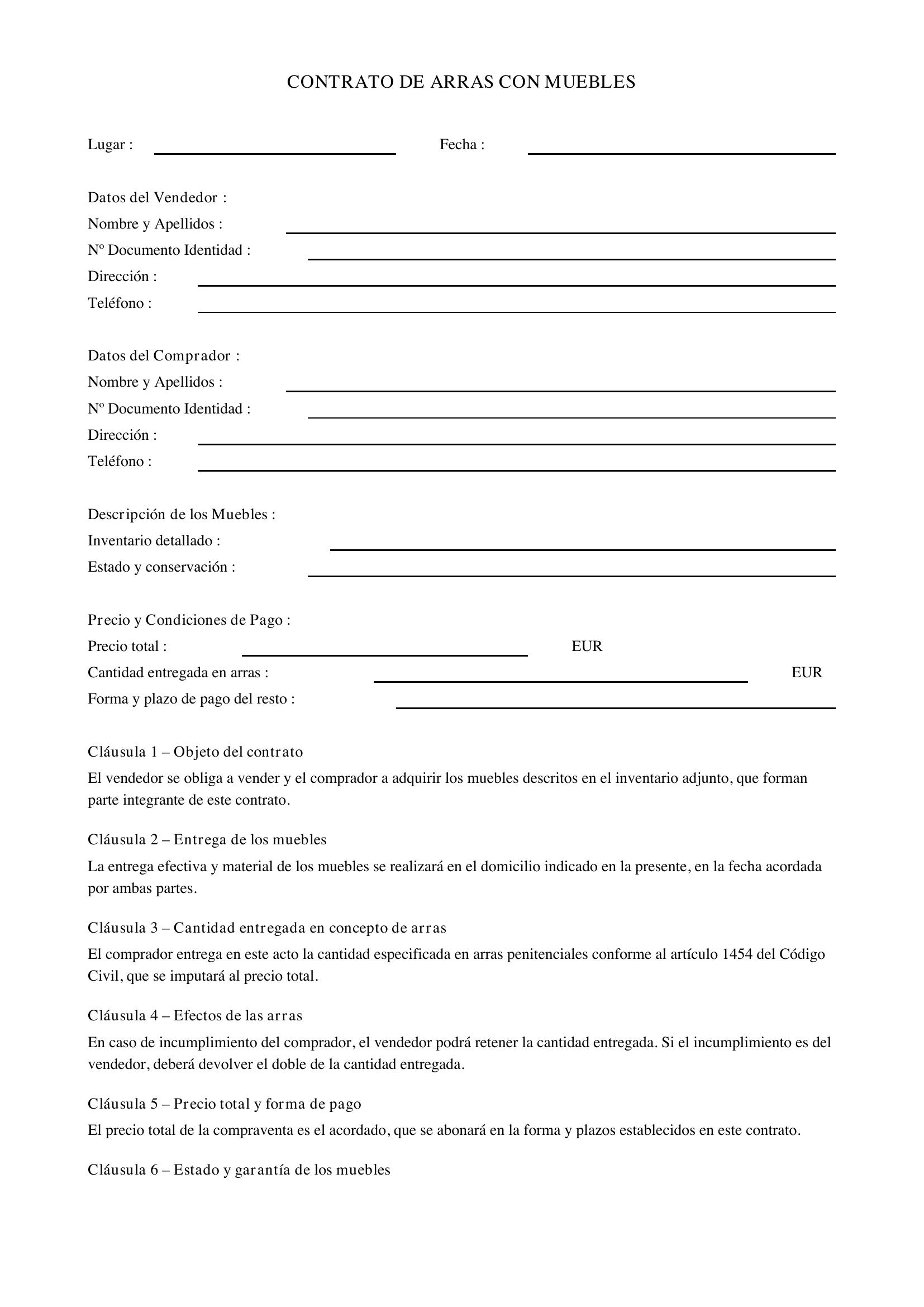 Contrato De Arras Con Muebles