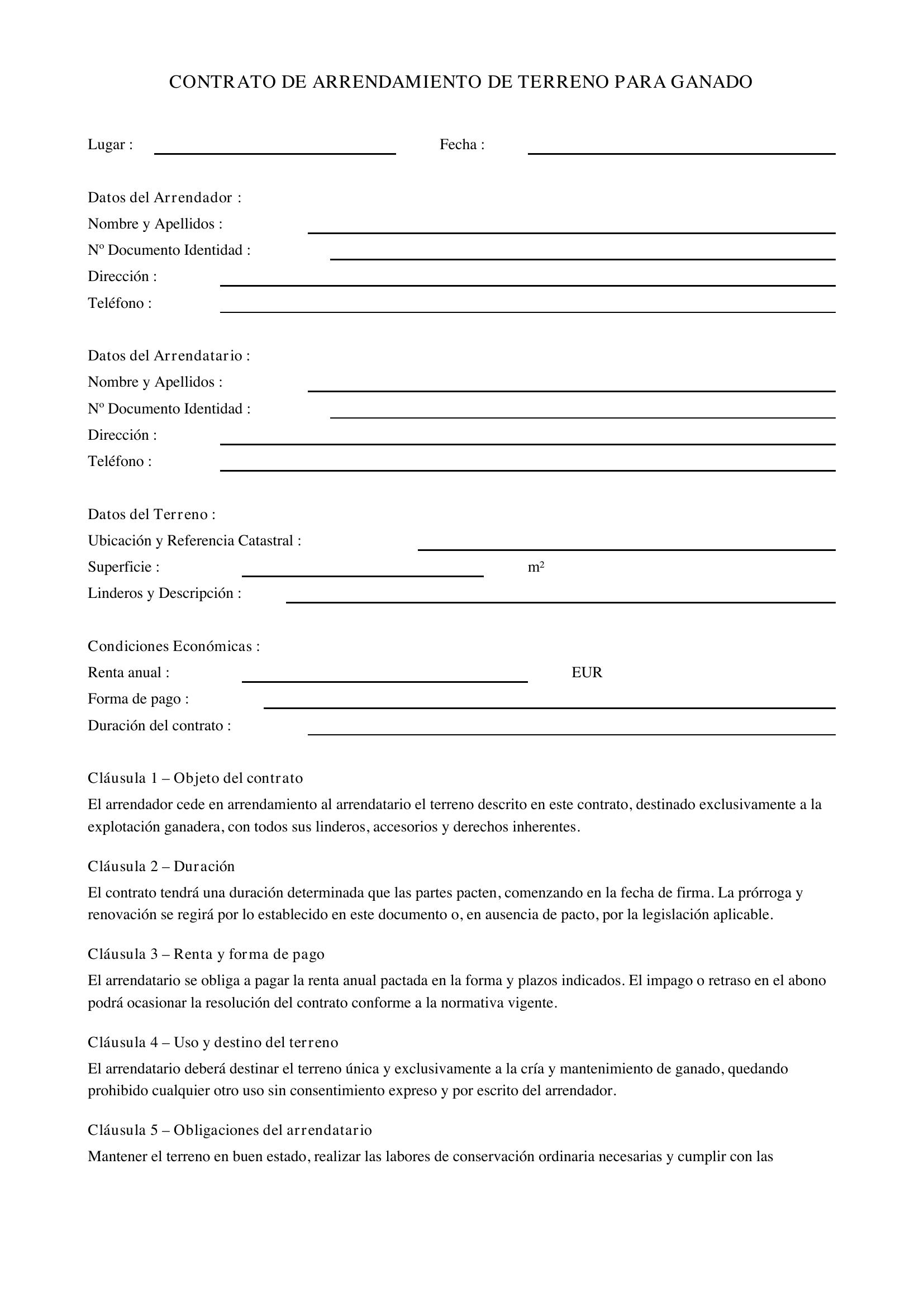 Contrato De Arrendamiento De Terreno Para Ganado