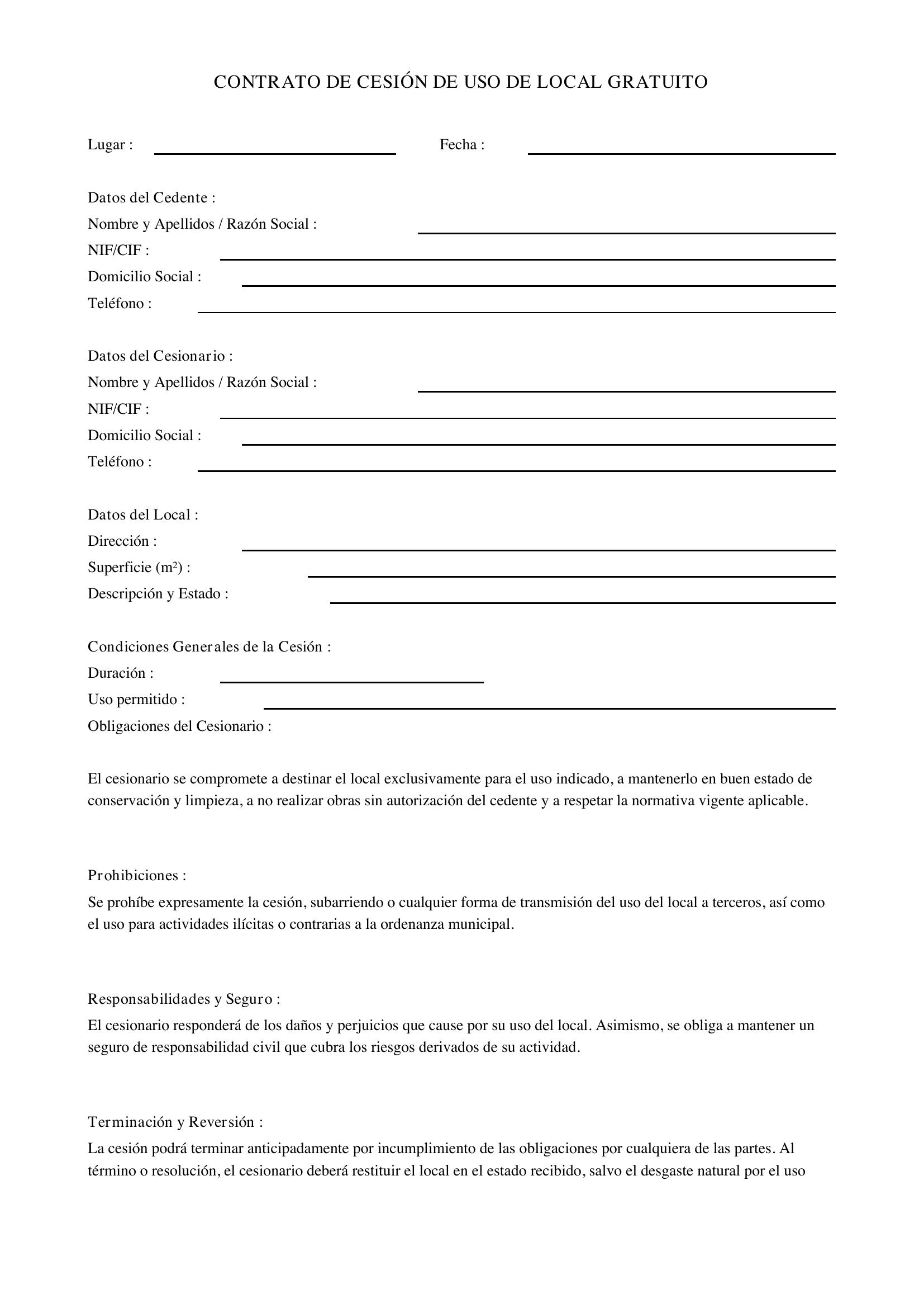 Contrato De Cesión De Uso De Local Gratuito
