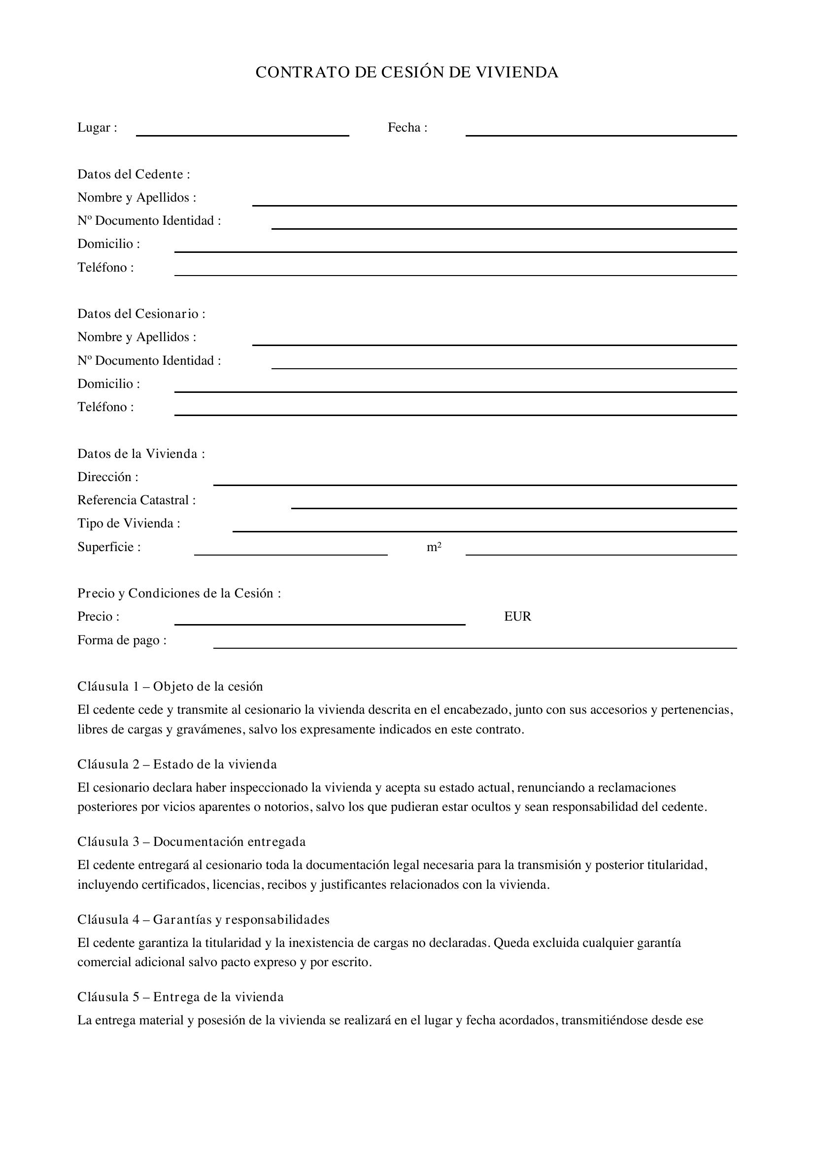 Contrato De Cesión De Vivienda