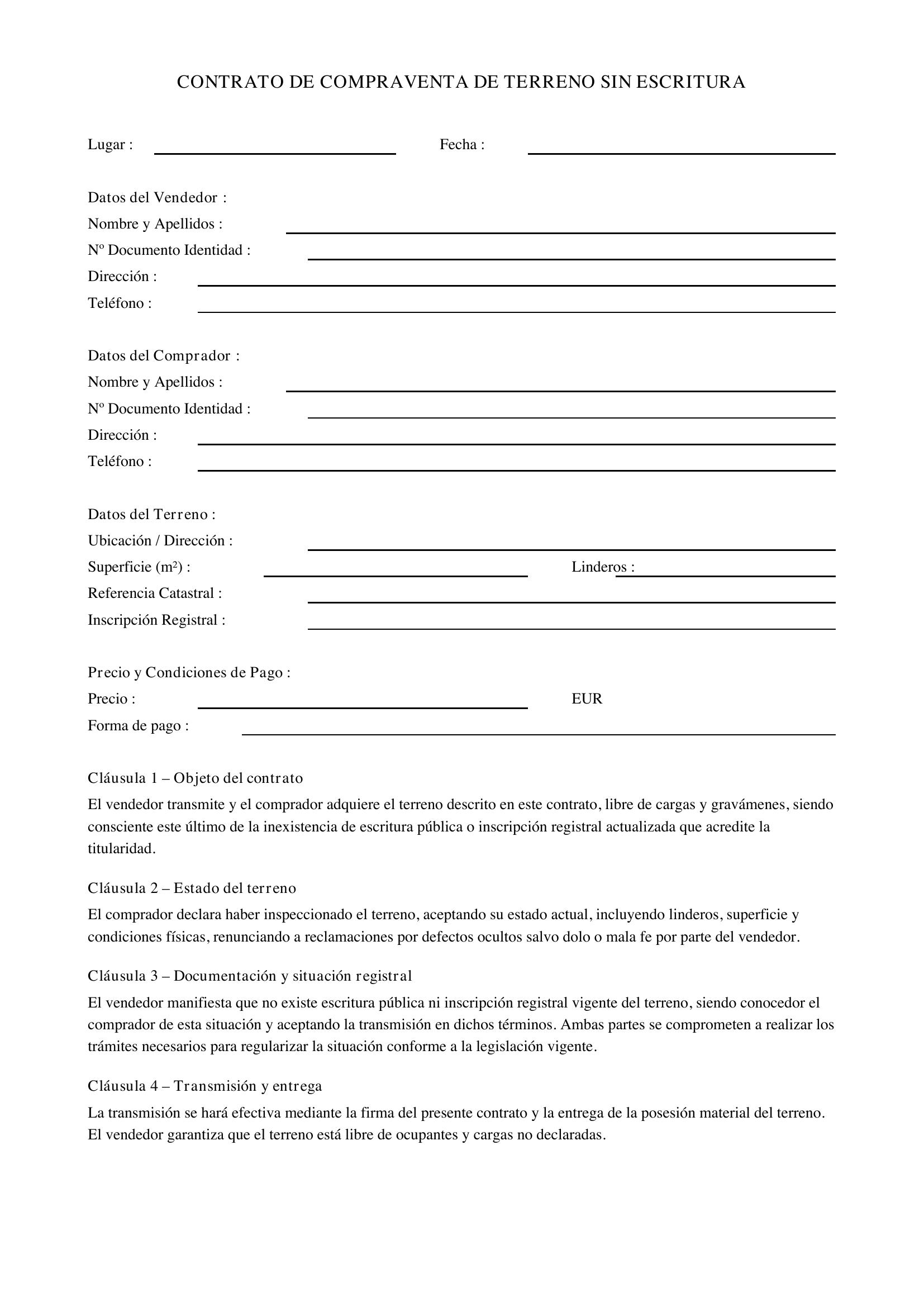 Contrato De Compraventa De Terreno Sin Escritura