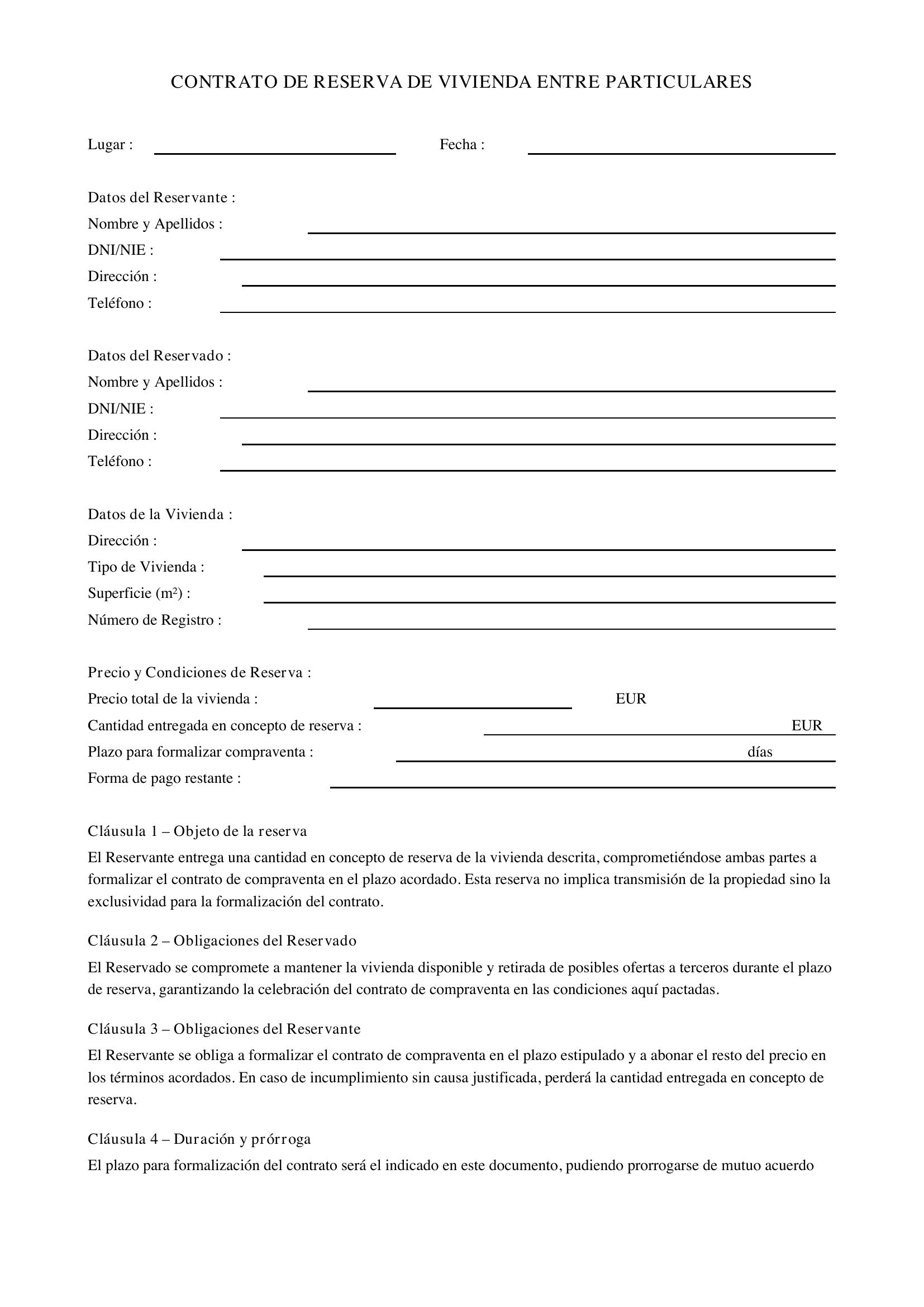 Contrato Reserva Vivienda Entre Particulares