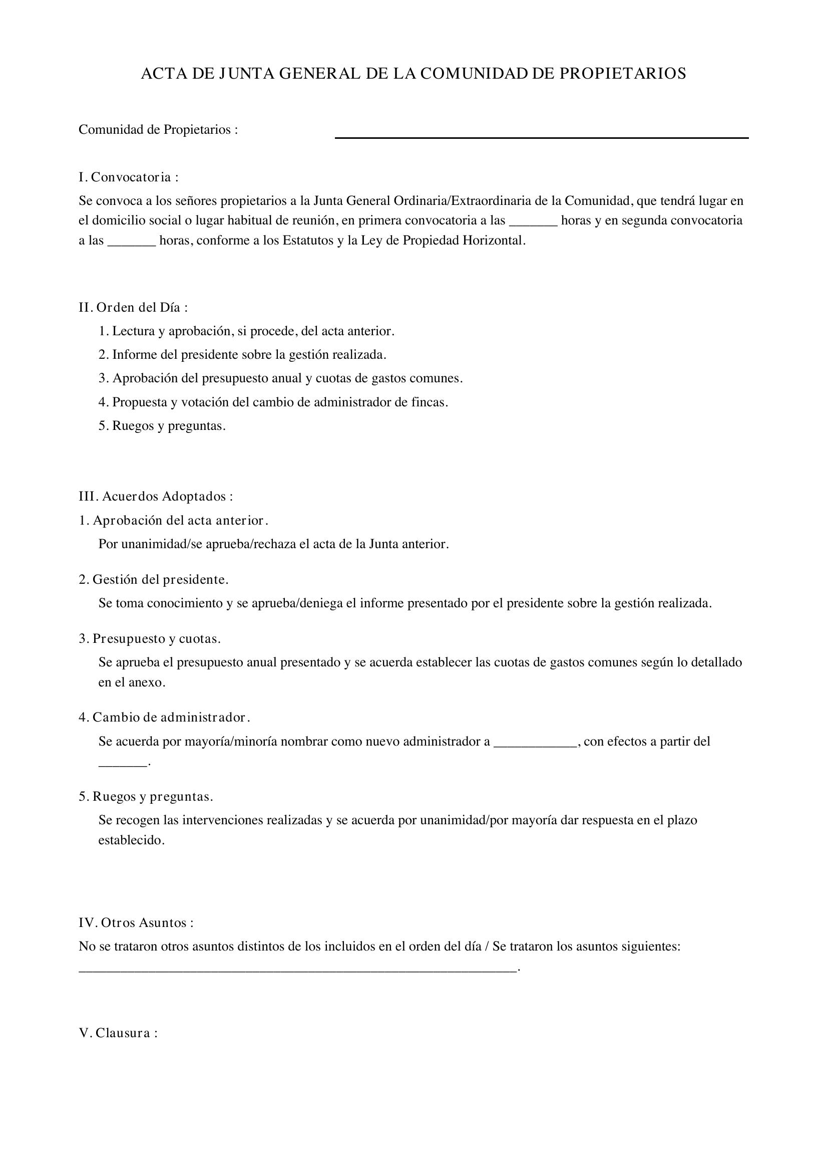 Modelo Acta Comunidad Propietarios Cambio Administrador
