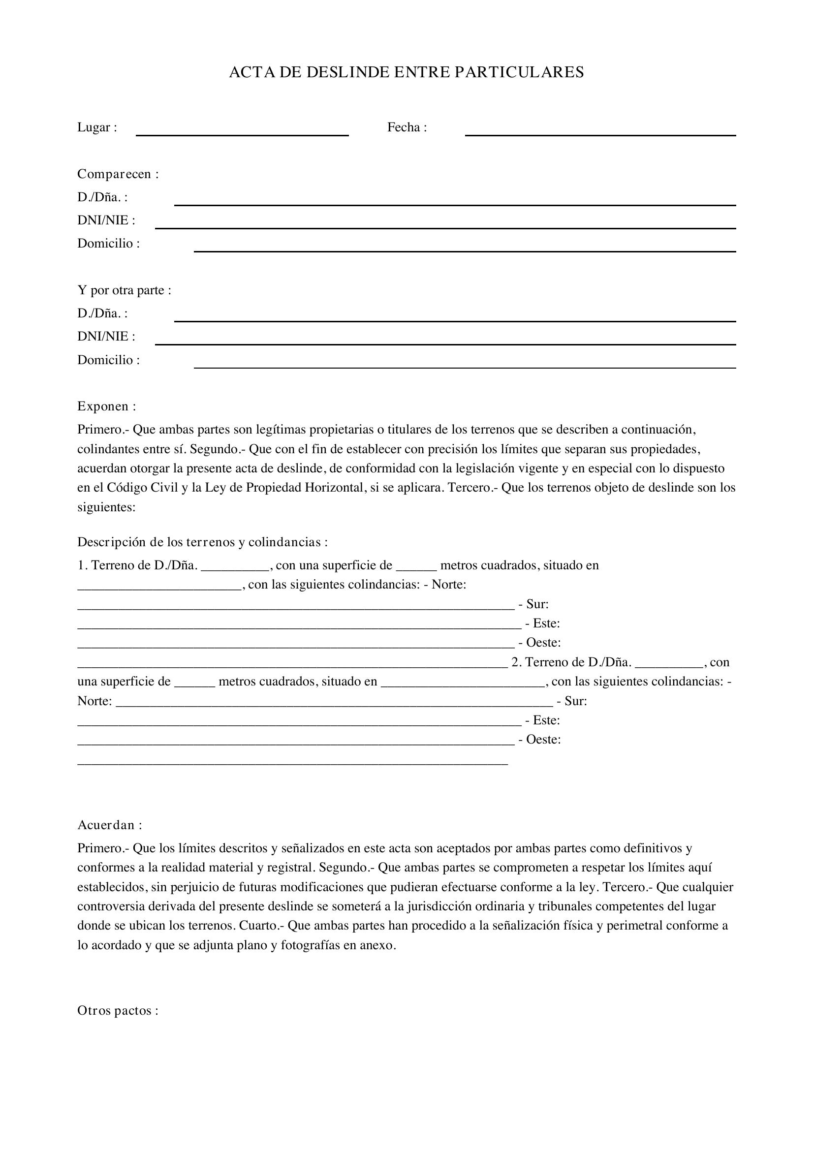 Modelo Acta De Deslinde Entre Particulares