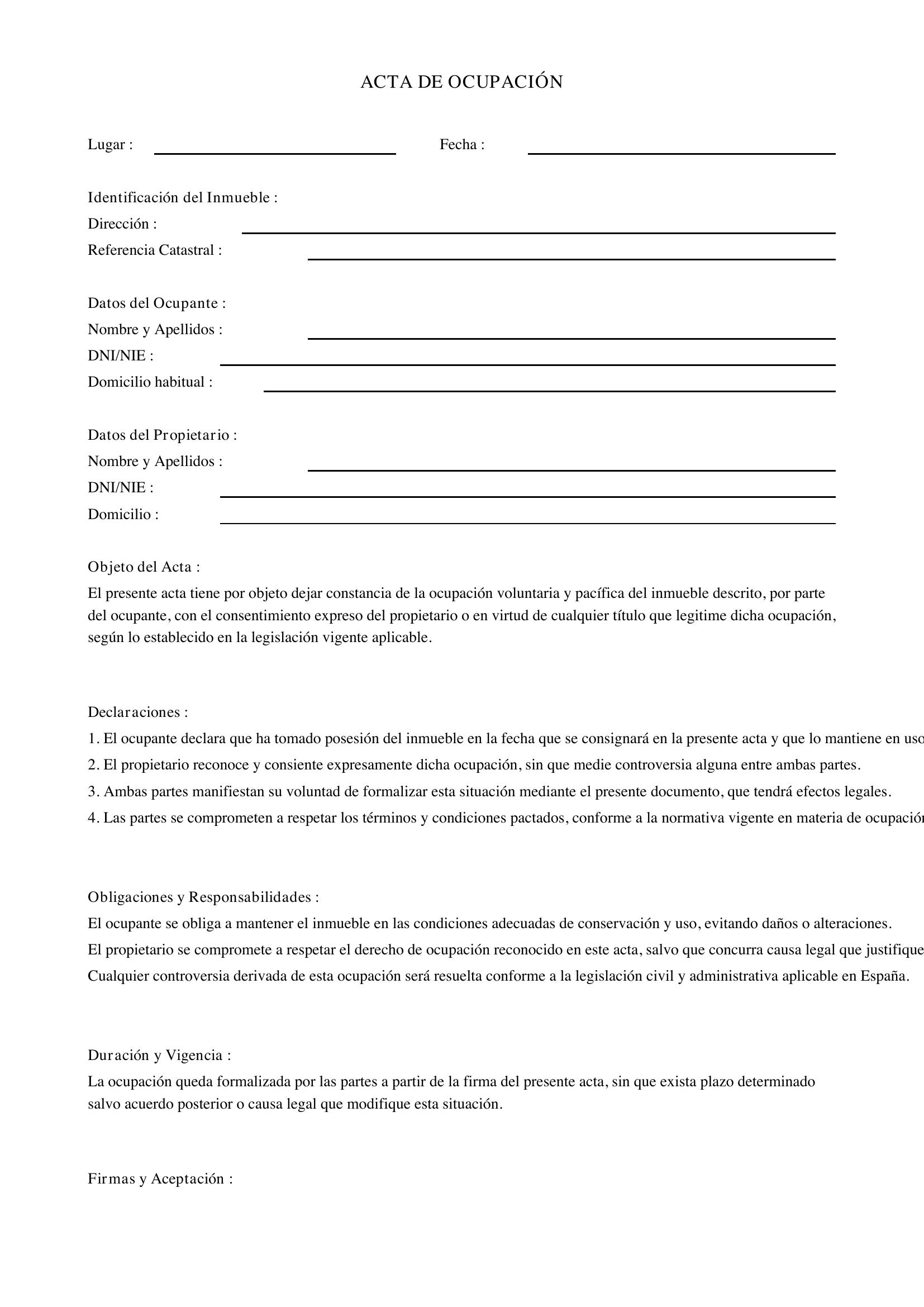 Modelo Acta De Ocupación