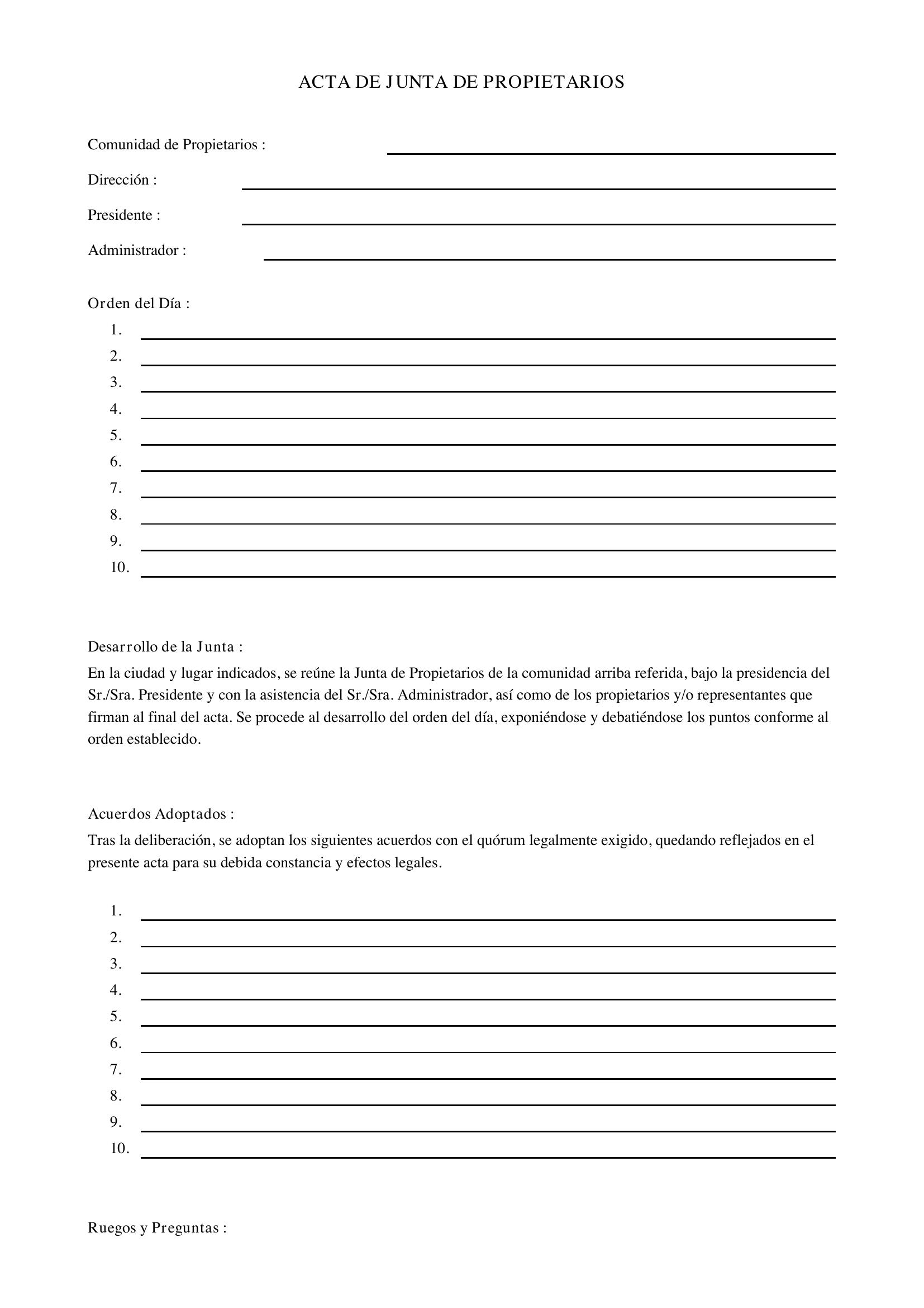 Modelo Acta Junta Propietarios