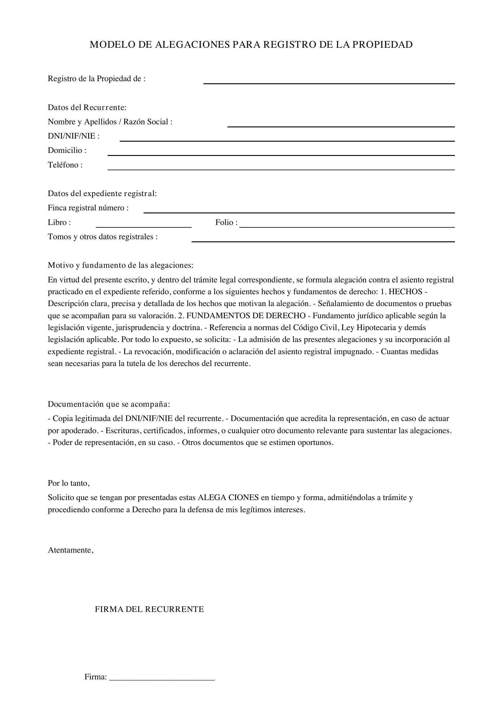 Modelo Alegaciones Registro Propiedad
