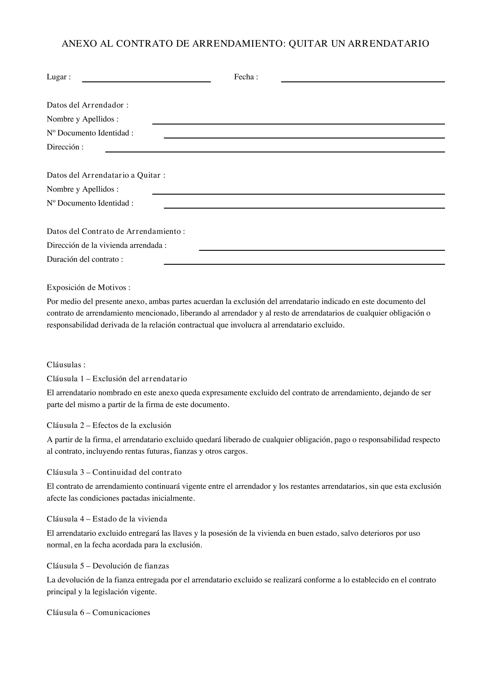 Modelo Anexo Contrato Alquiler Quitar Un Arrendatario