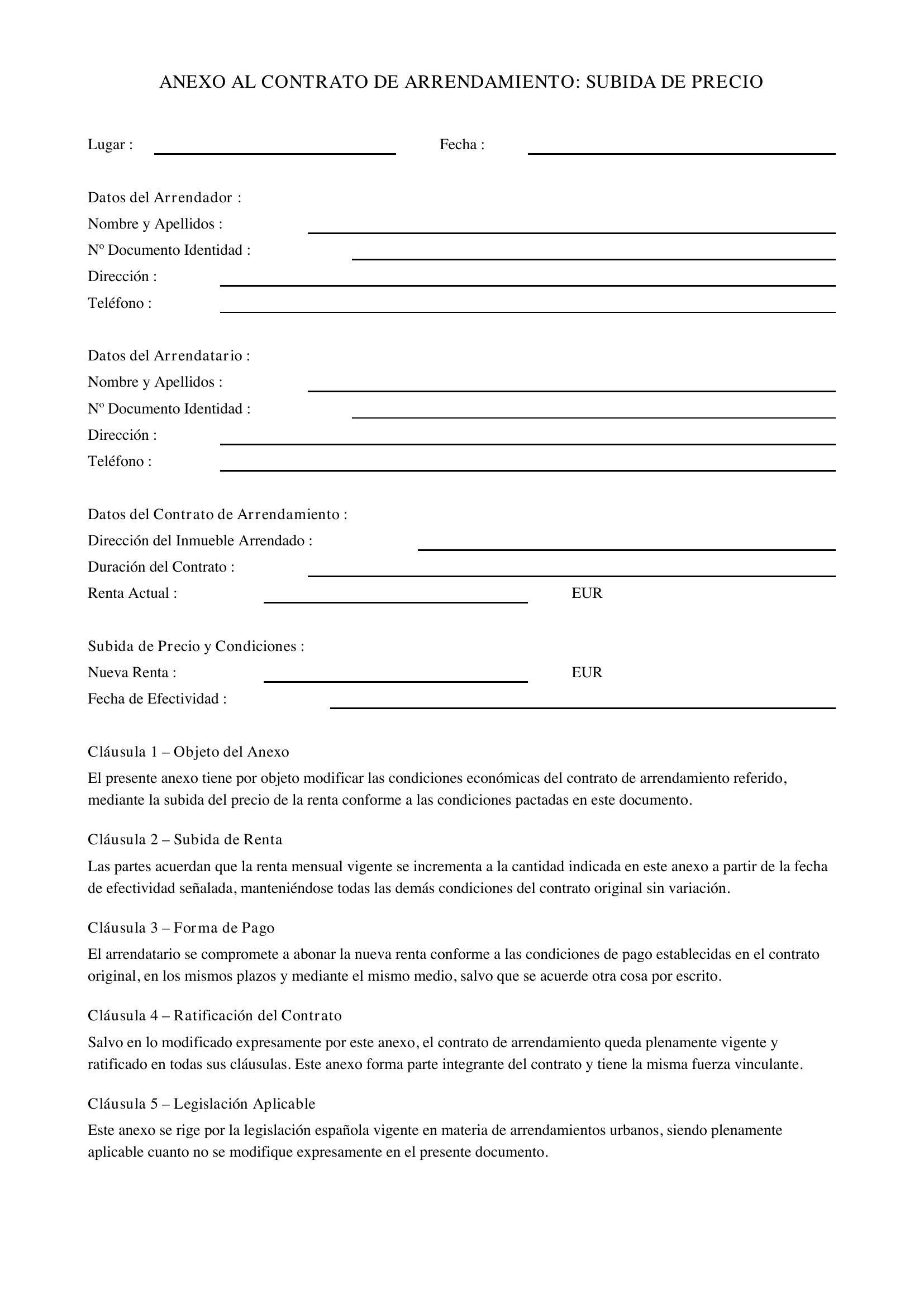 Modelo Anexo Contrato Alquiler Subida Precio