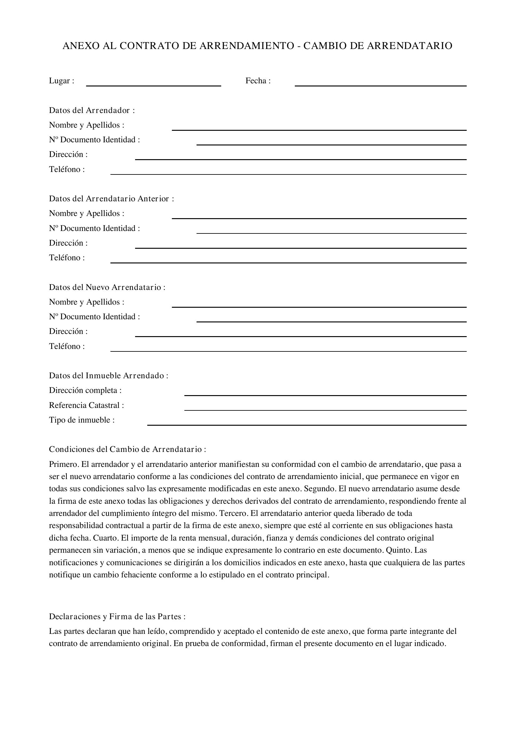 Modelo Anexo Contrato Arrendamiento Cambio Arrendatario
