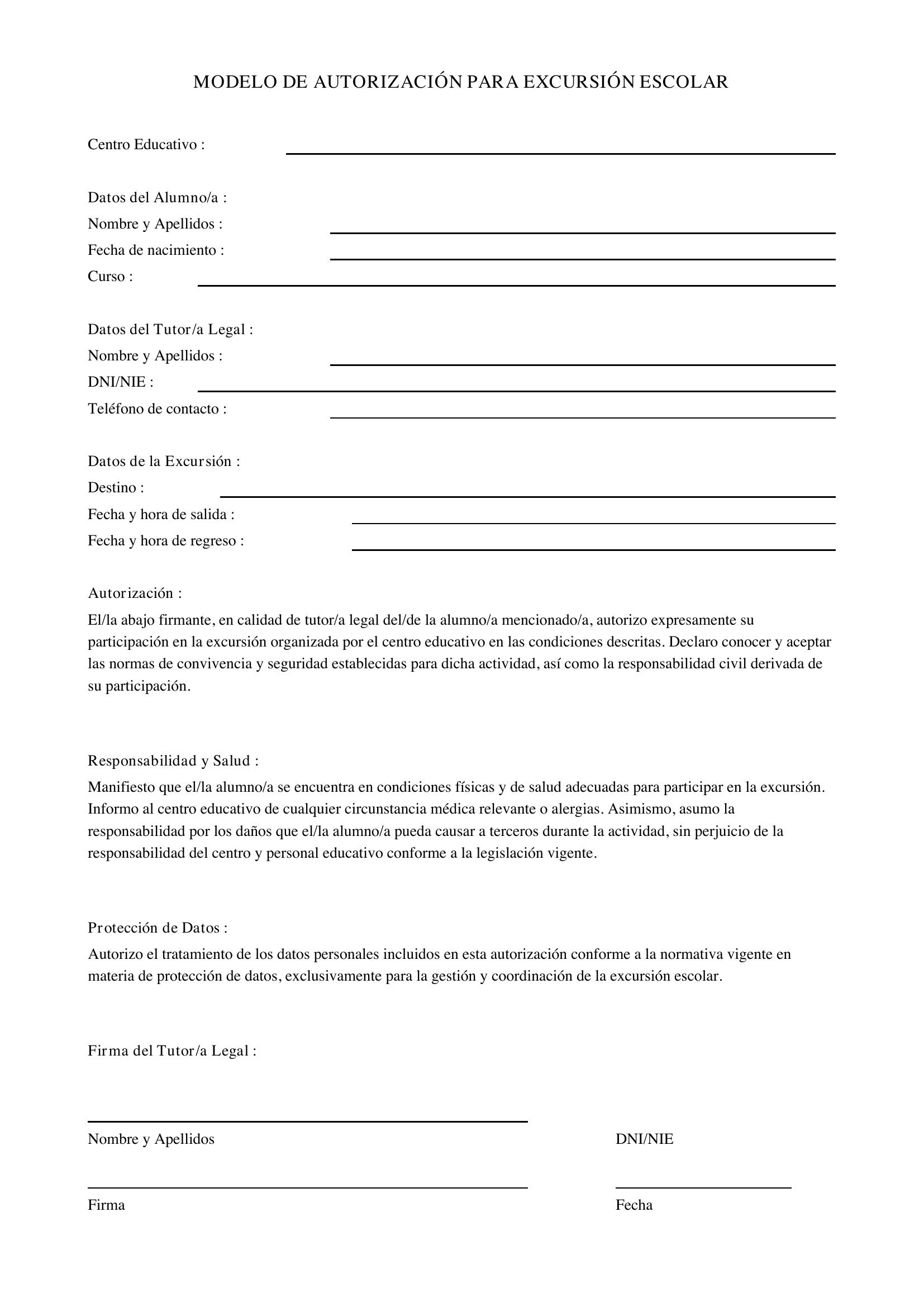 Modelo Autorización Excursión Escolar