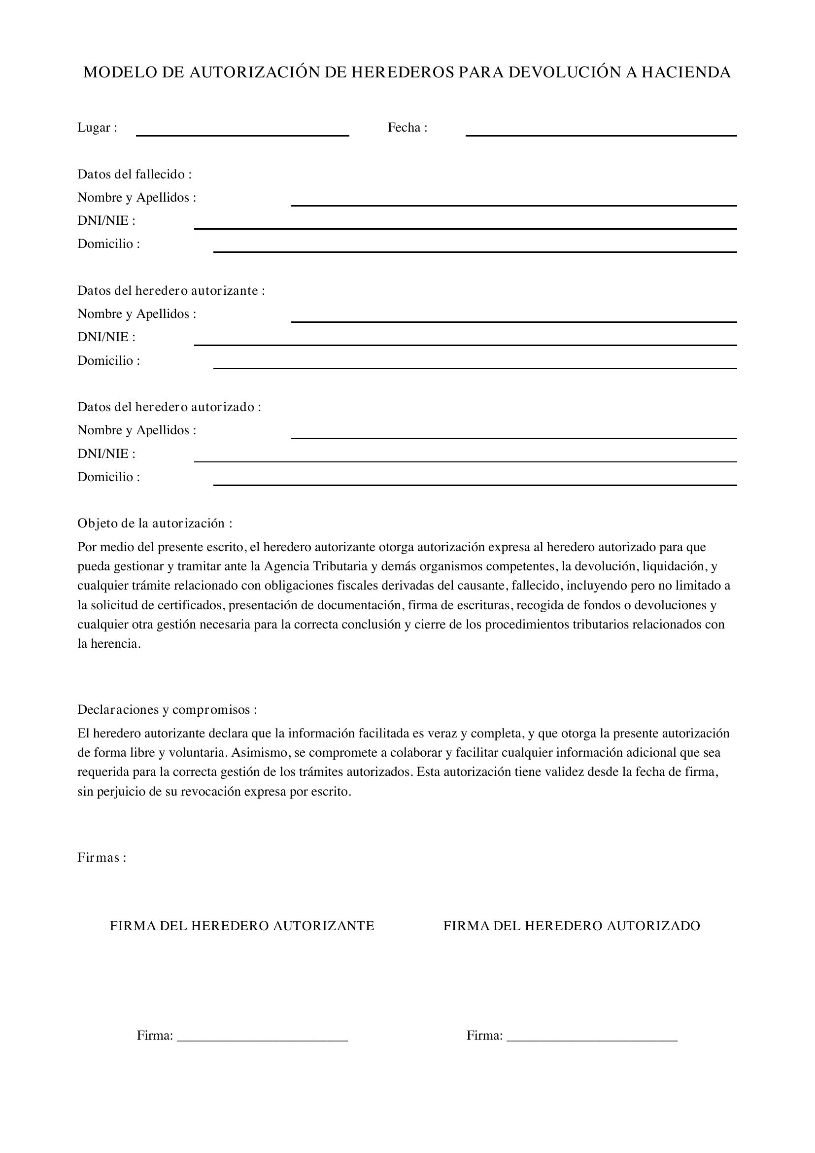 Modelo Autorización Herederos Devolución Hacienda