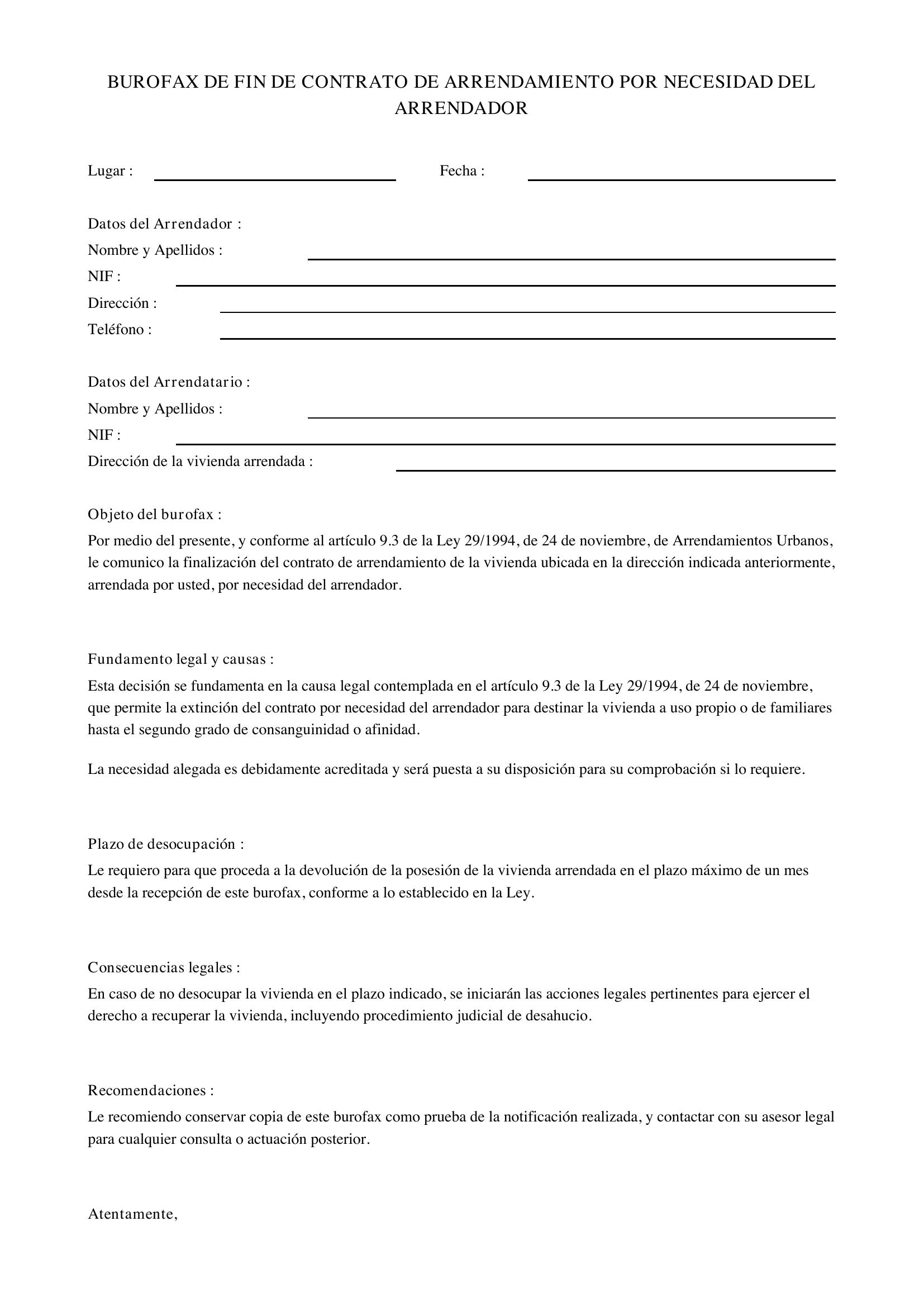 Modelo Burofax Fin Contrato Alquiler Por Necesidad Arrendador