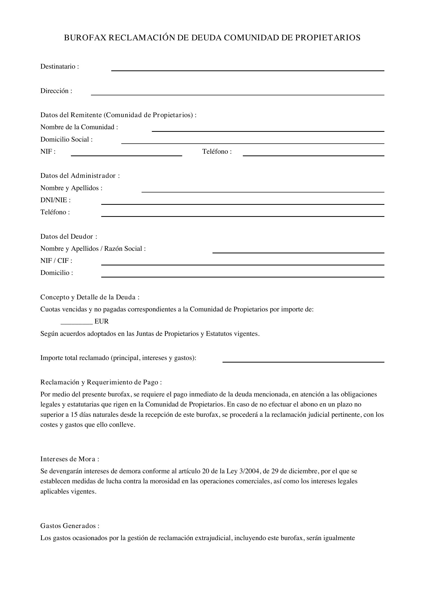 Modelo Burofax Reclamación Deuda Comunidad Propietarios