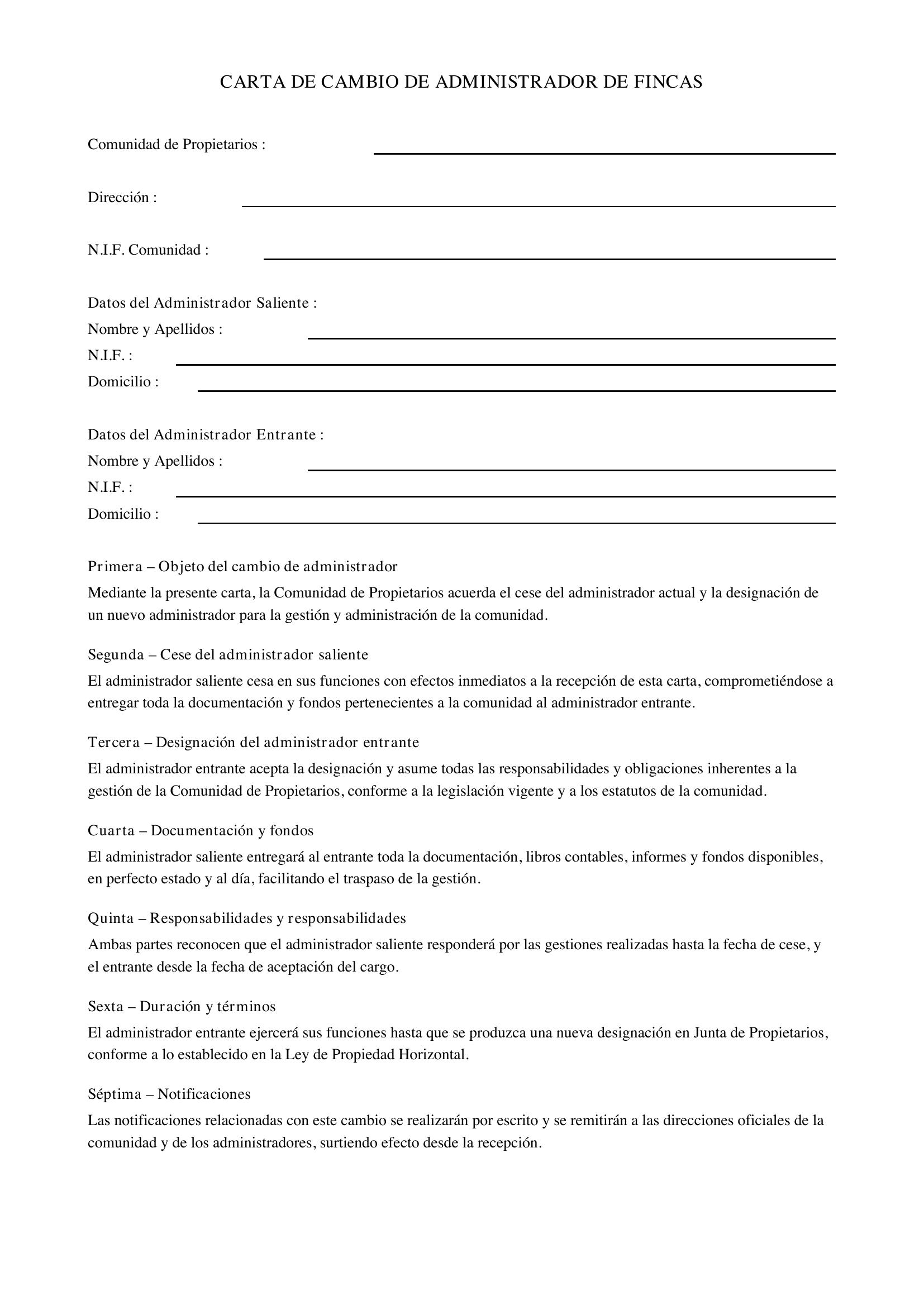 Modelo Carta Cambio Administrador De Fincas