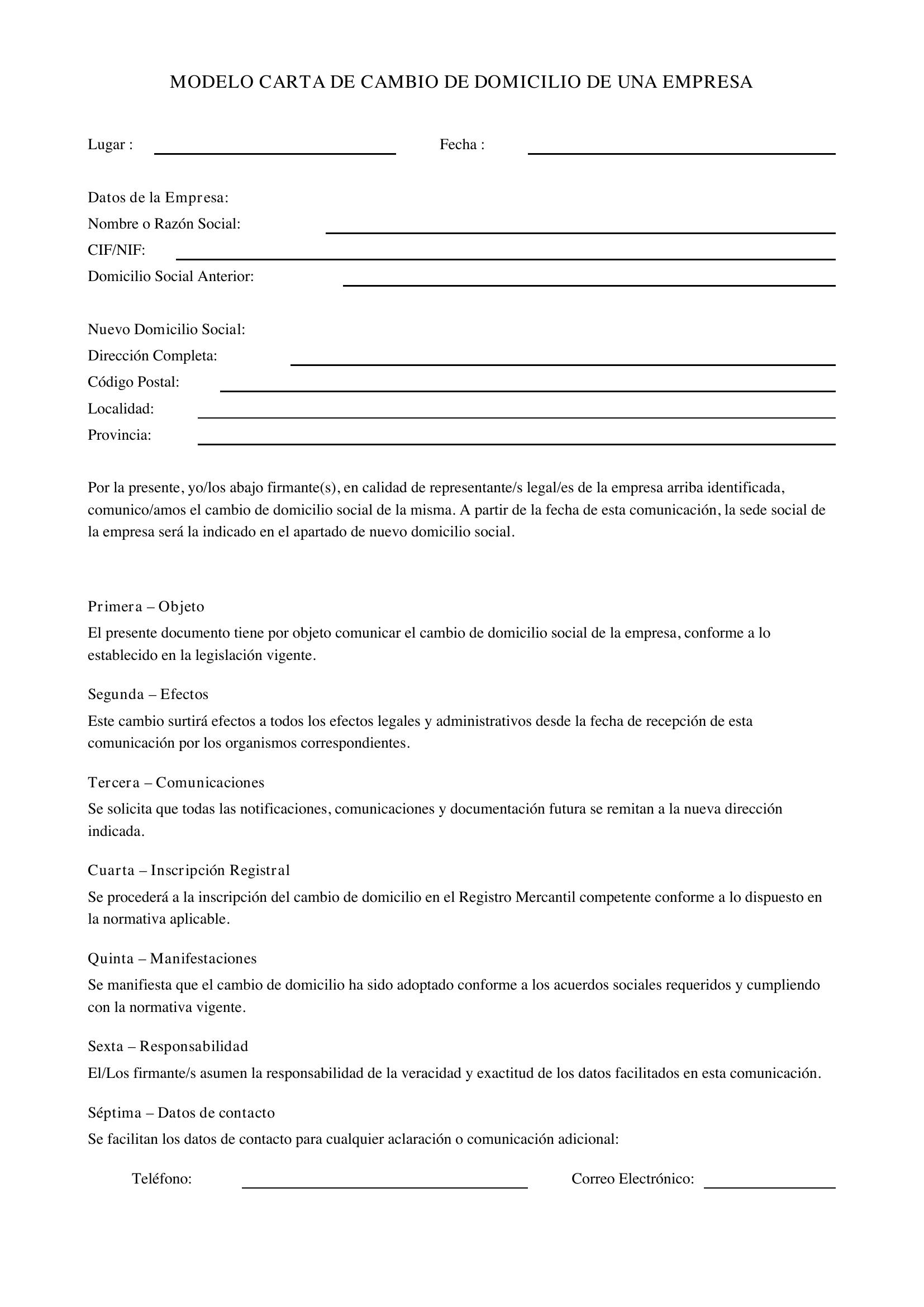 Modelo Carta Cambio De Domicilio De Una Empresa