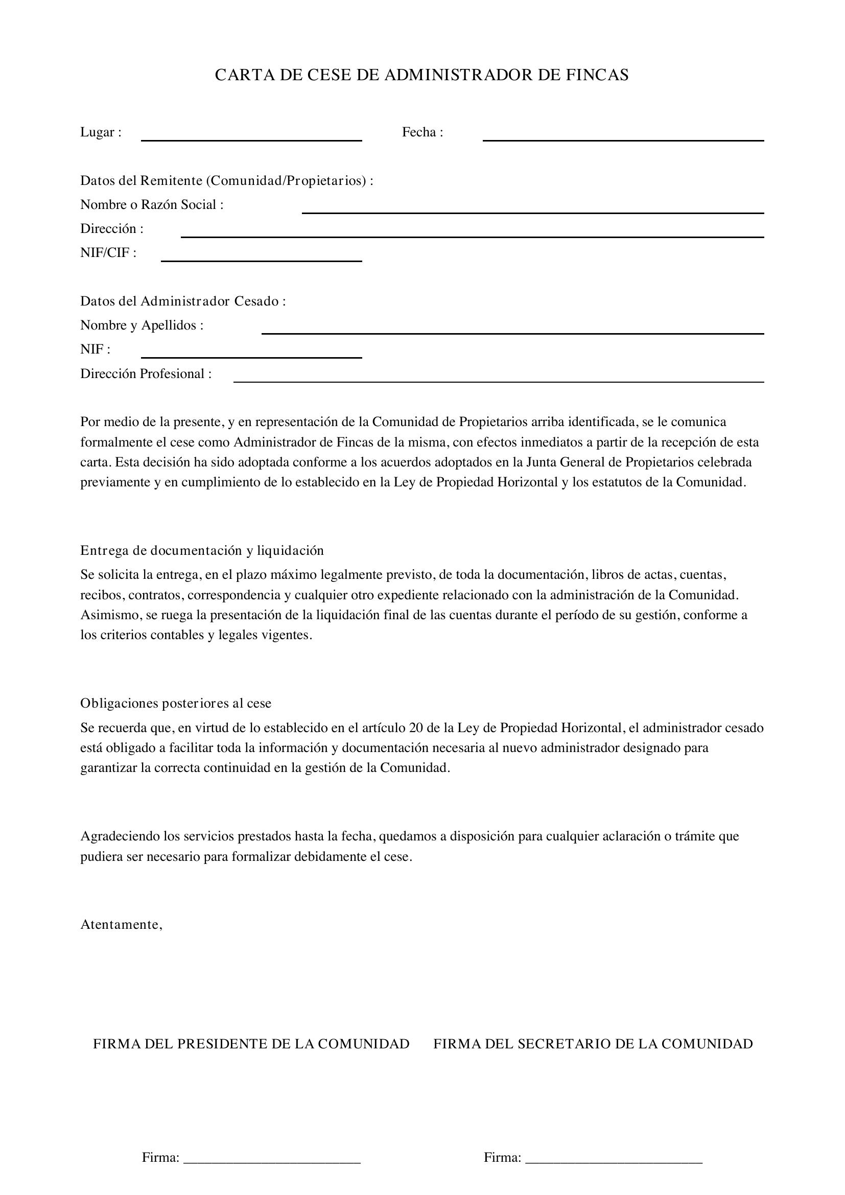 Modelo Carta Cese Administrador De Fincas