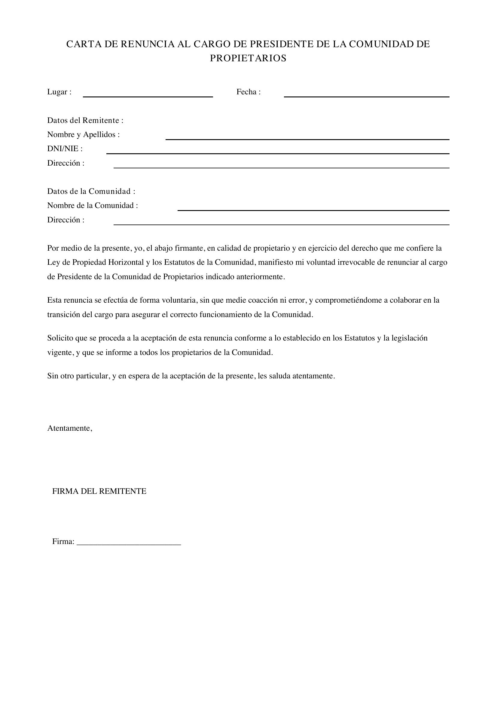 Modelo Carta Renuncia Presidente Comunidad Propietarios