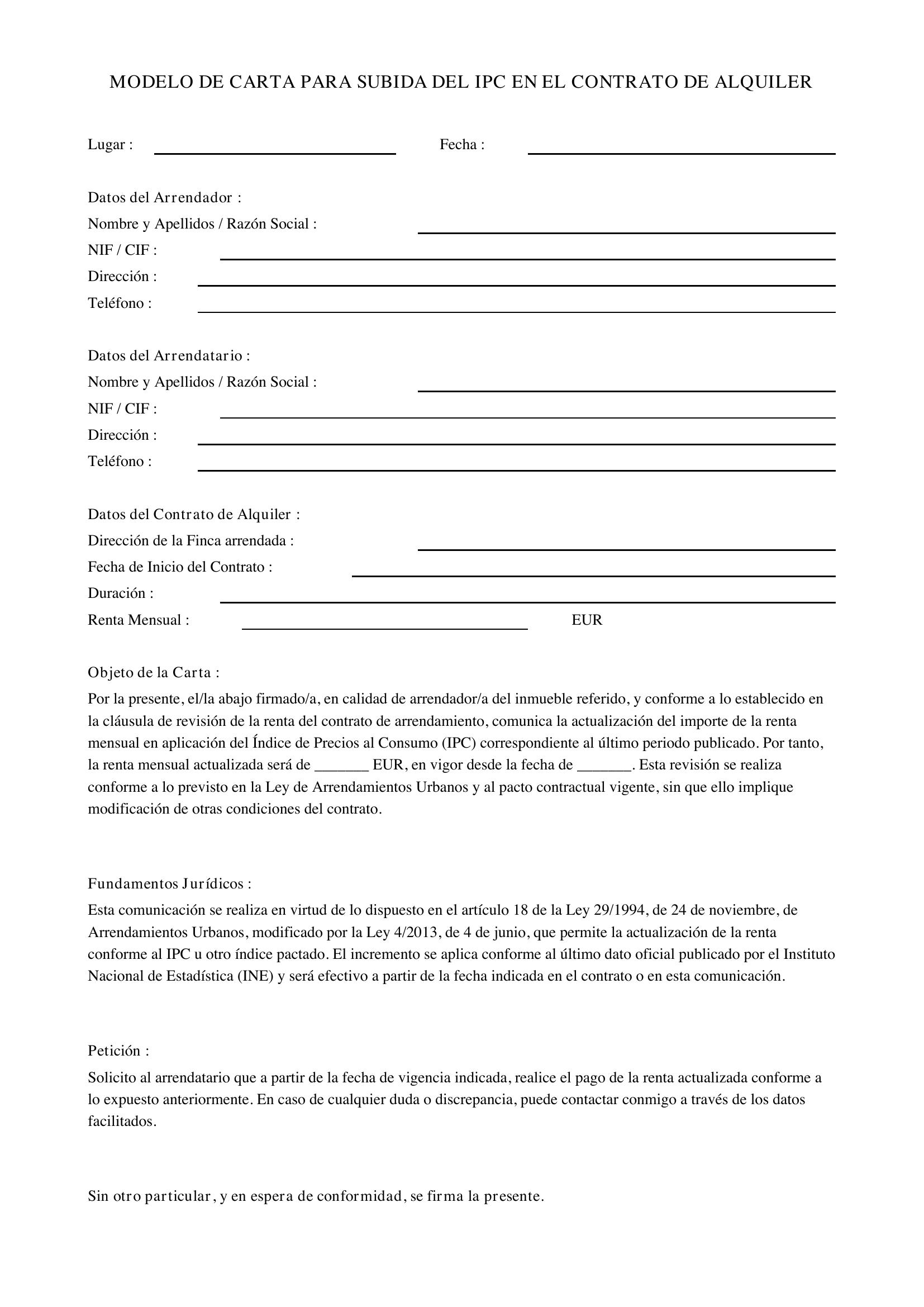 Modelo Carta Subida Ipc Alquiler