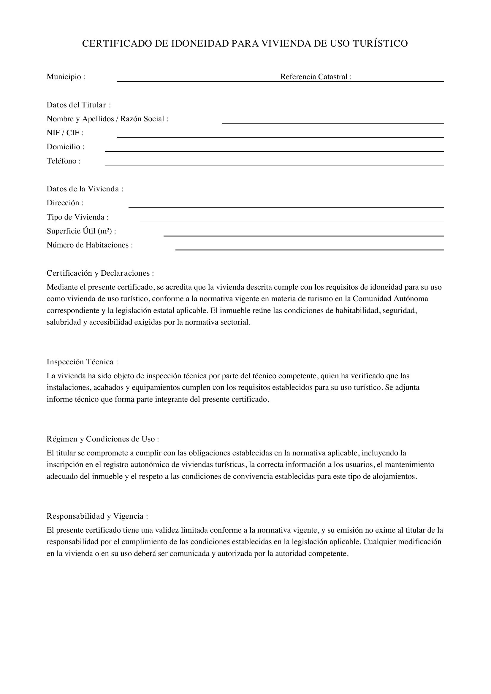Modelo Certificado De Idoneidad Para Vivienda De Uso Turístico