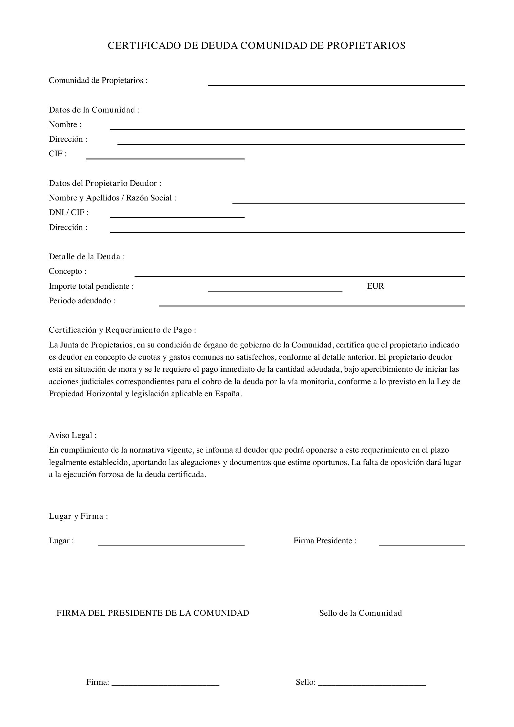 Modelo Certificado Deuda Comunidad Propietarios Monitorio