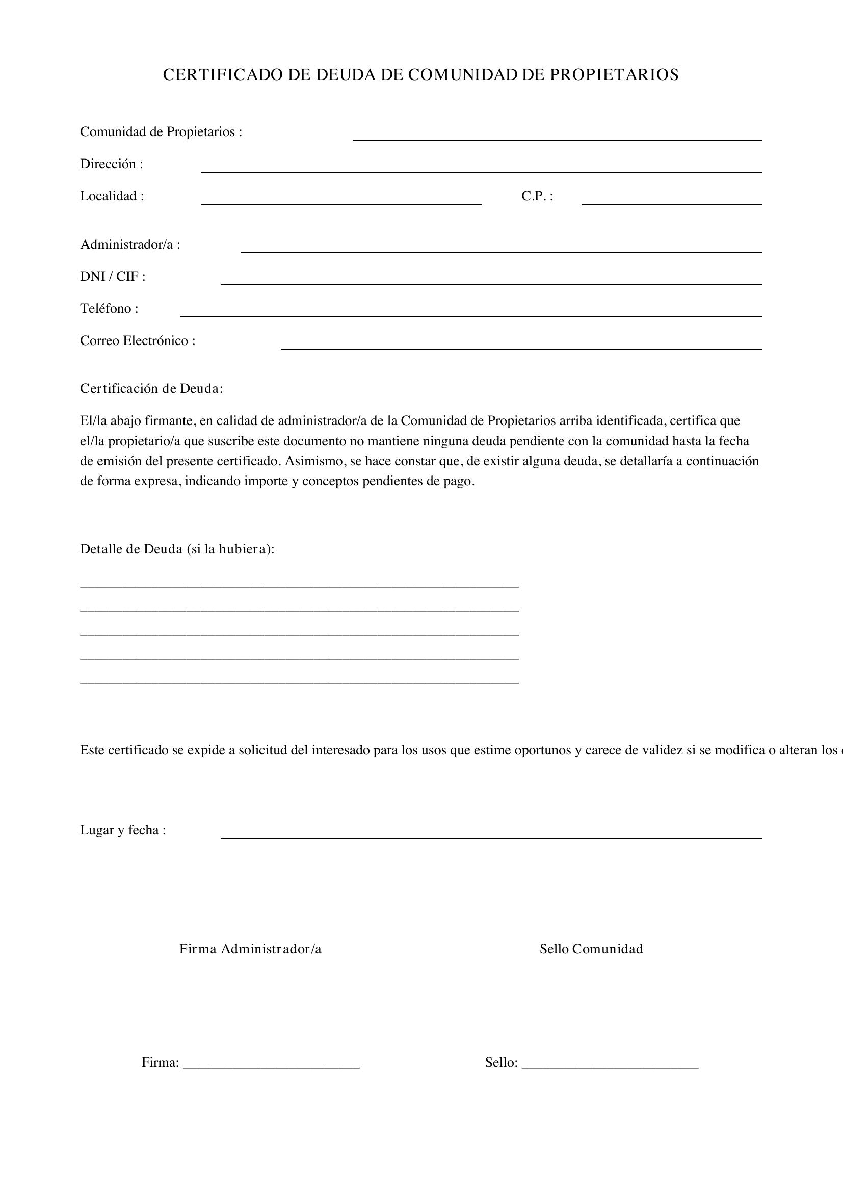 Modelo Certificado Deuda Comunidad Propietarios