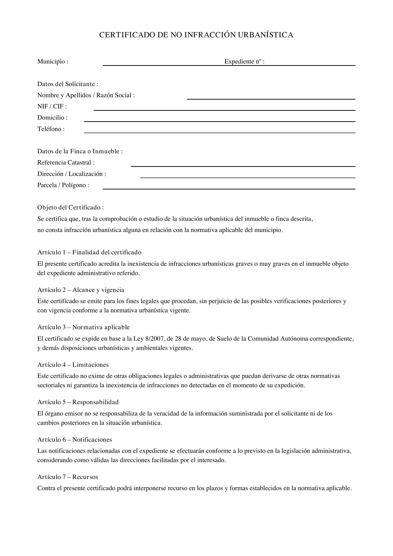 Modelo Certificado No Infracción Urbanística