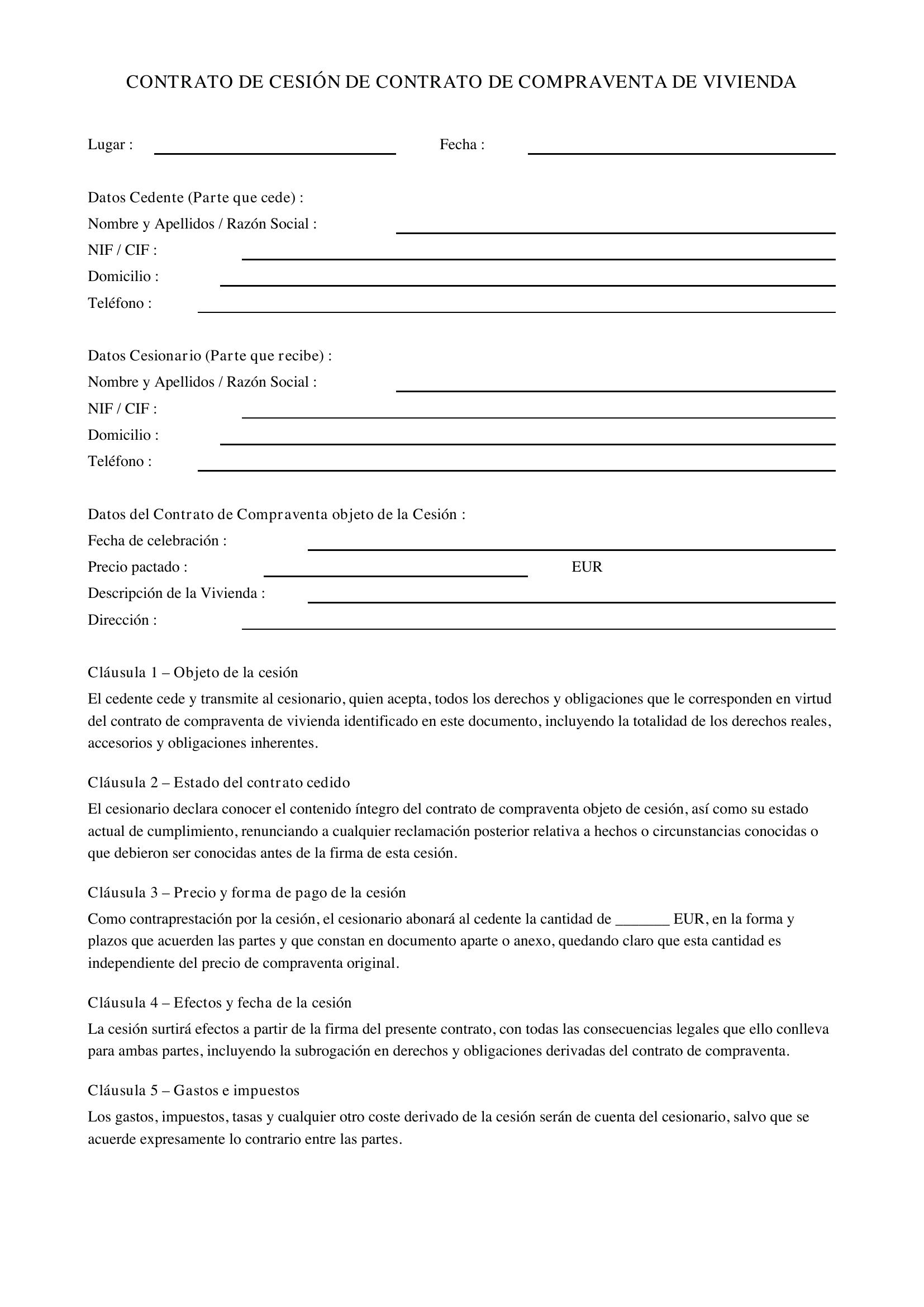 Modelo Cesión Contrato Compraventa Vivienda