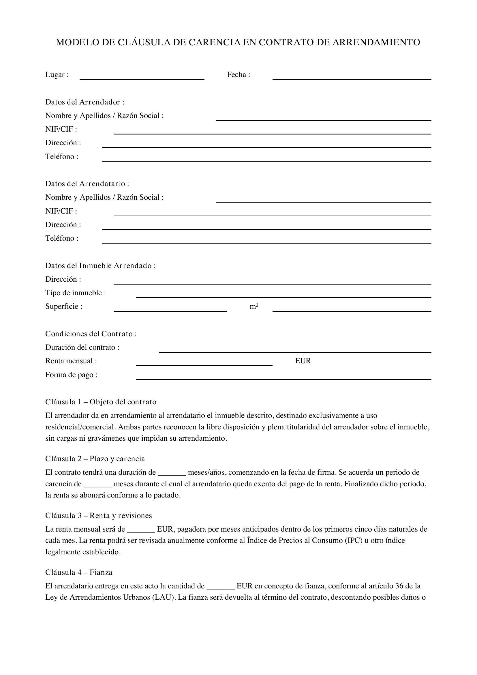 Modelo Cláusula Carencia Contrato Arrendamiento