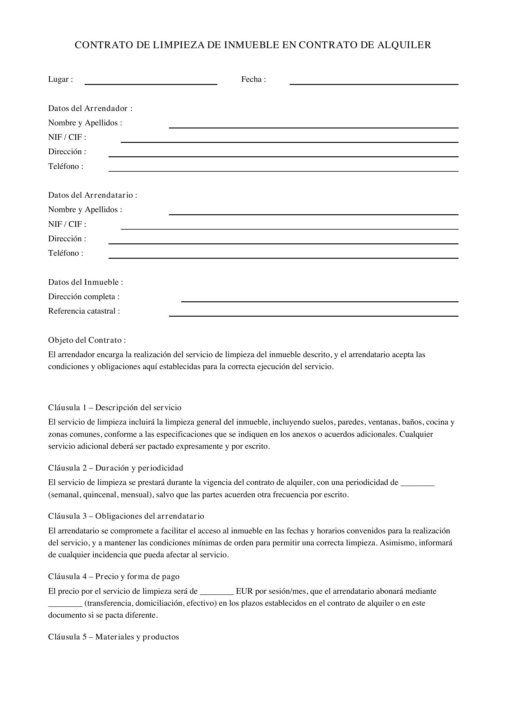 Modelo Cláusula Limpieza Contrato Alquiler