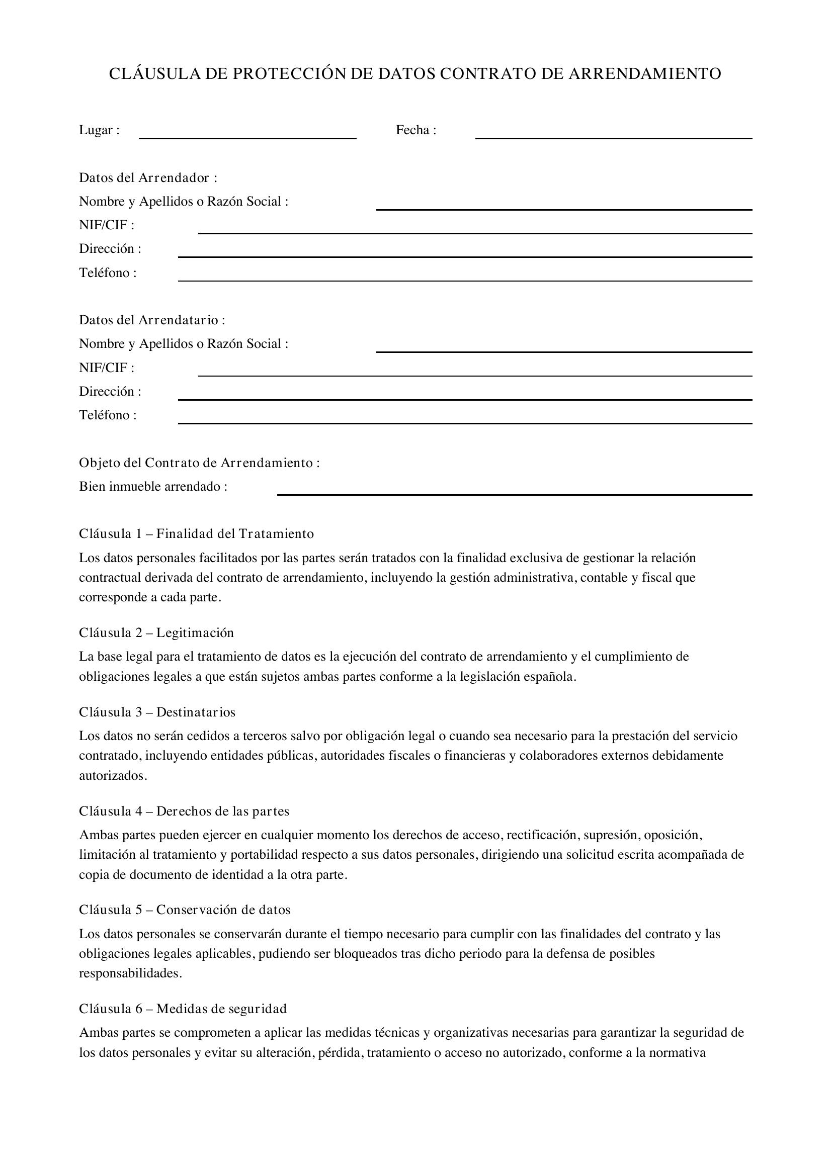 Modelo Cláusula Protección De Datos Contrato Arrendamiento