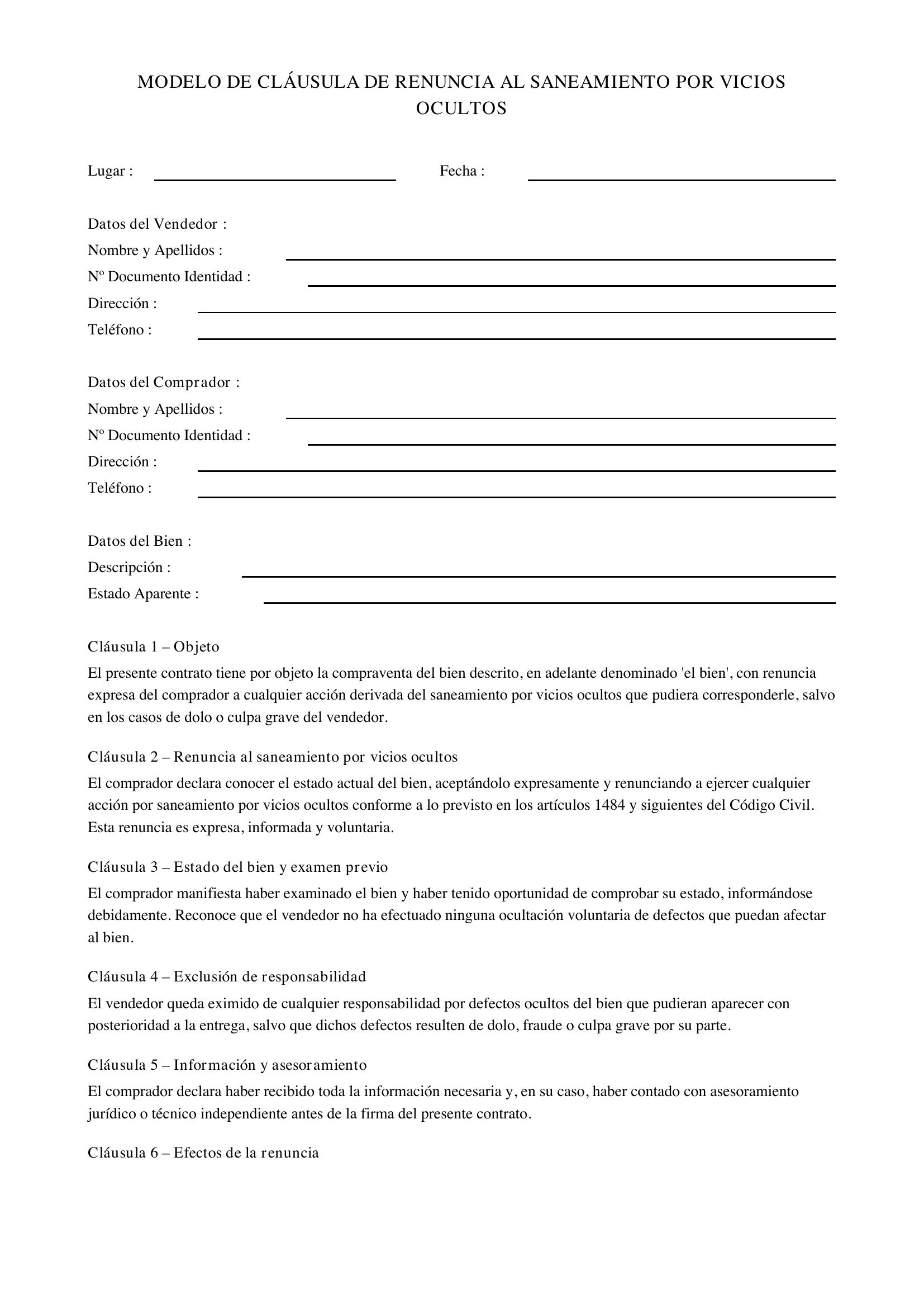 Modelo Cláusula Renuncia Saneamiento Vicios Ocultos