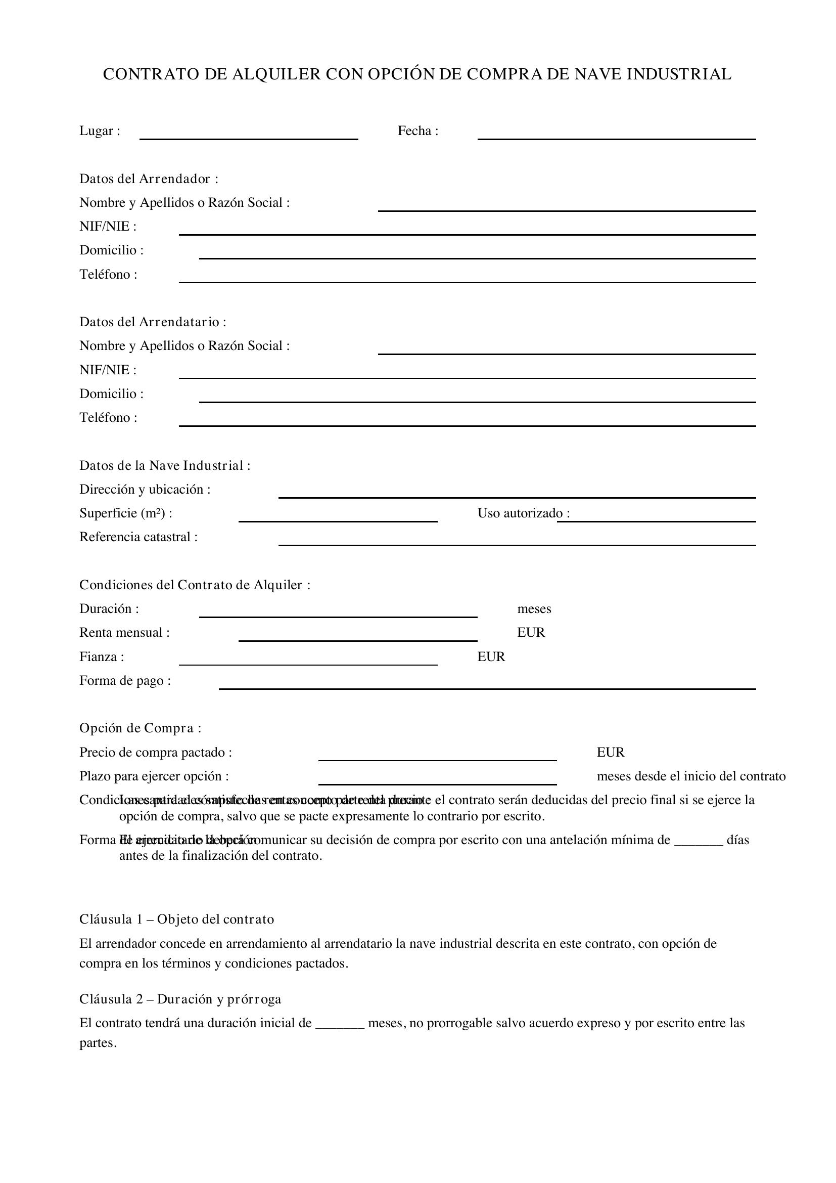 Modelo Contrato Alquiler Con Opción A Compra Nave Industrial