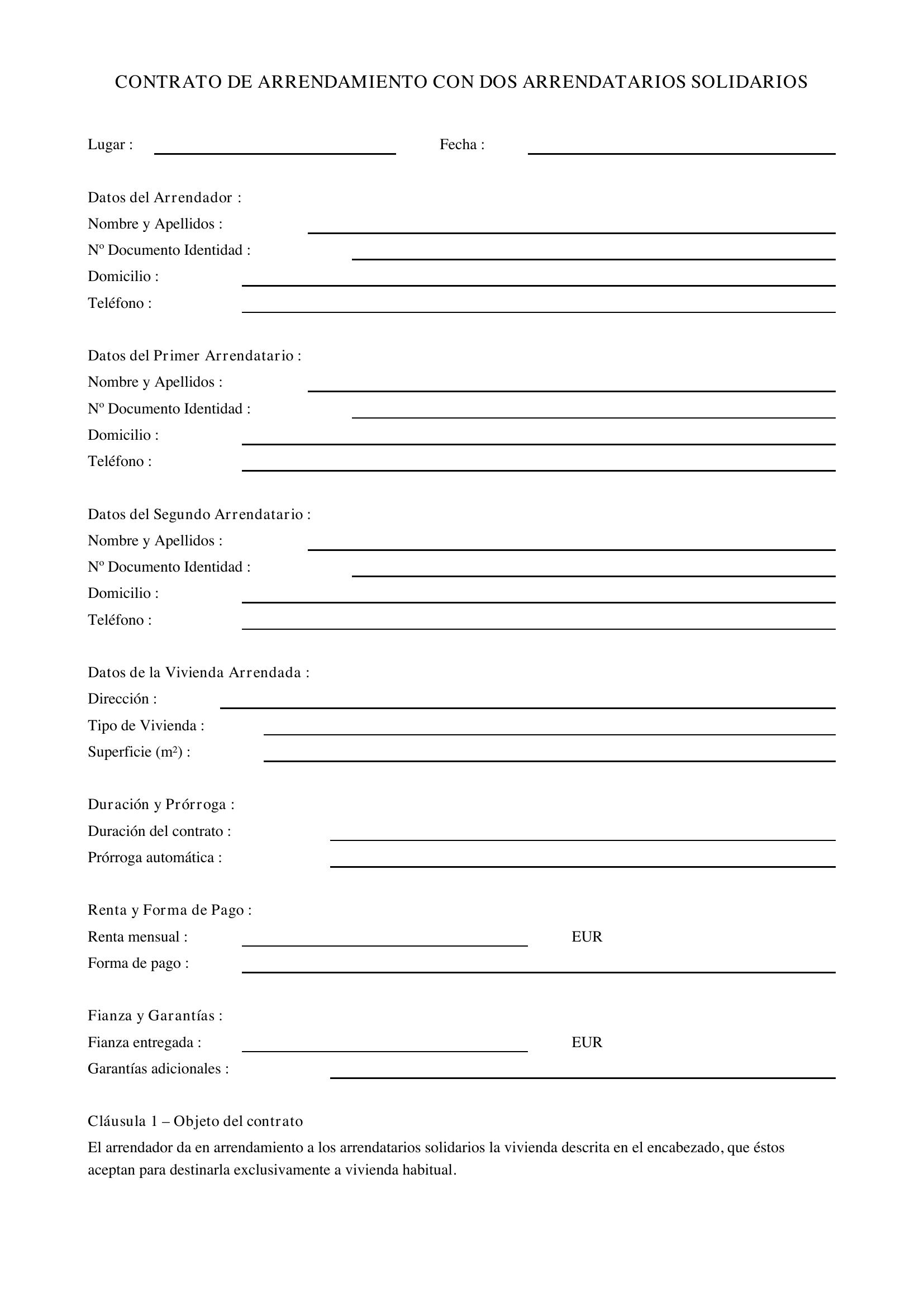 Modelo Contrato Alquiler Dos Arrendatarios Solidarios