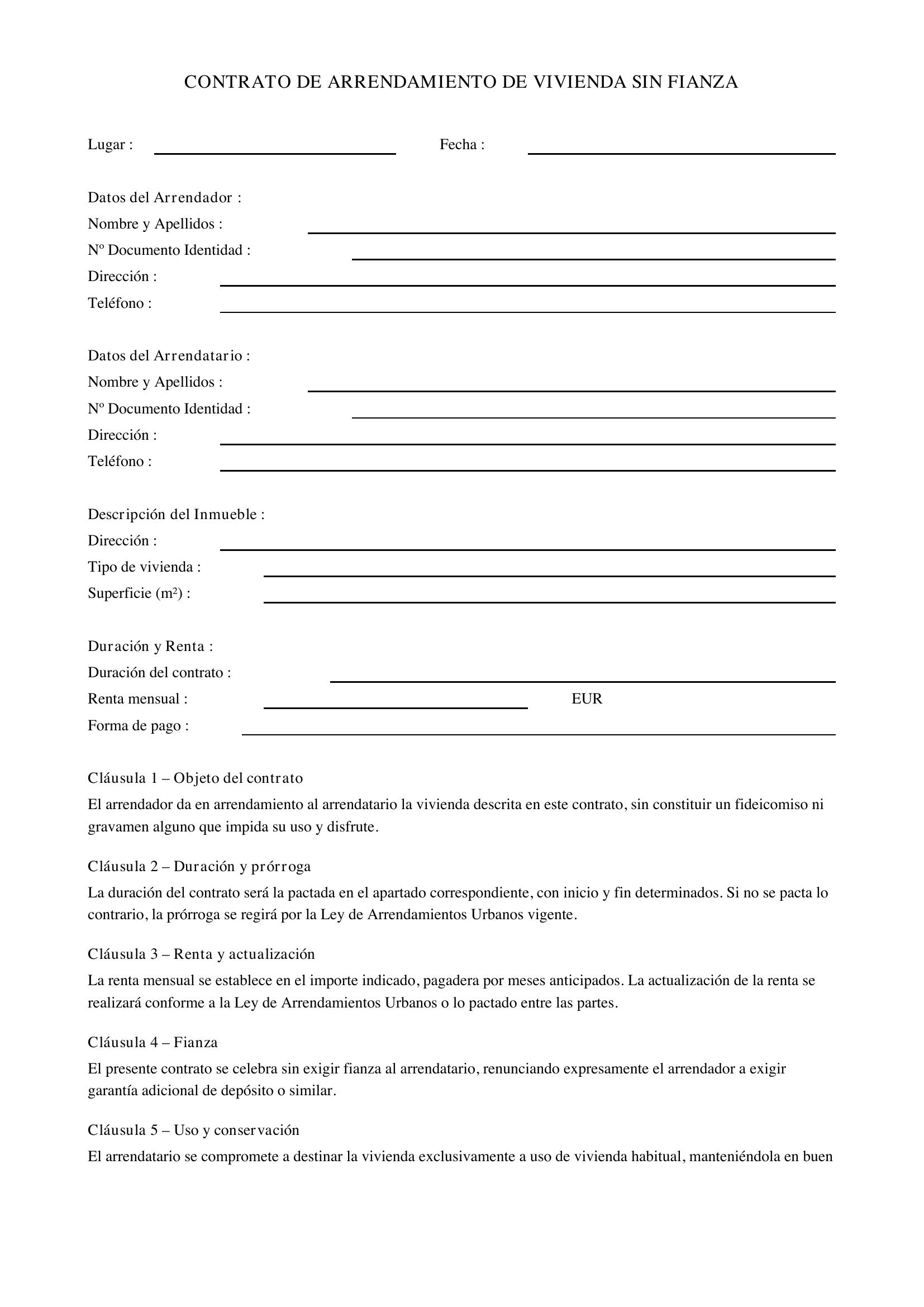 Modelo Contrato Alquiler Sin Fianza