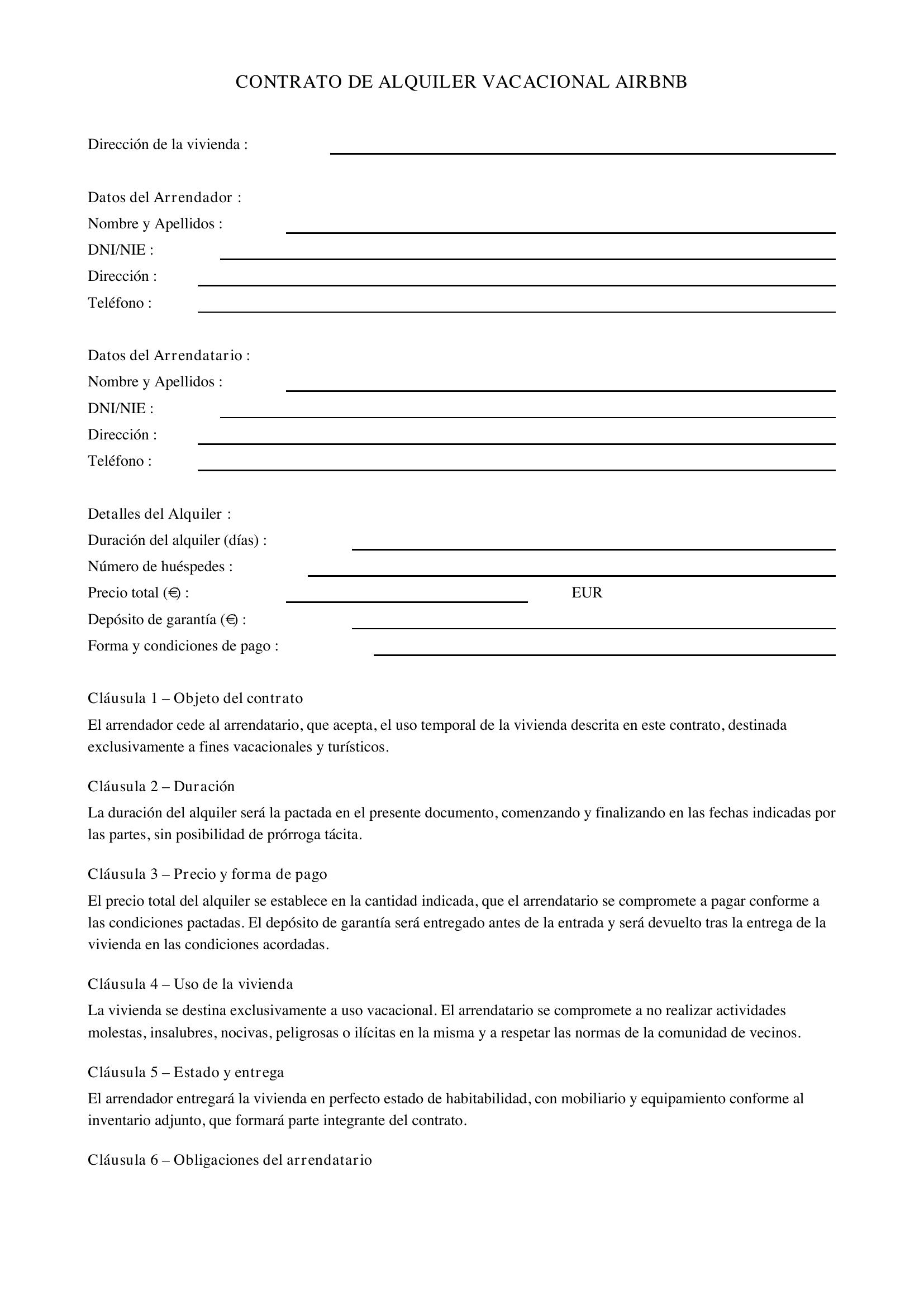 Modelo Contrato Alquiler Vacacional Airbnb