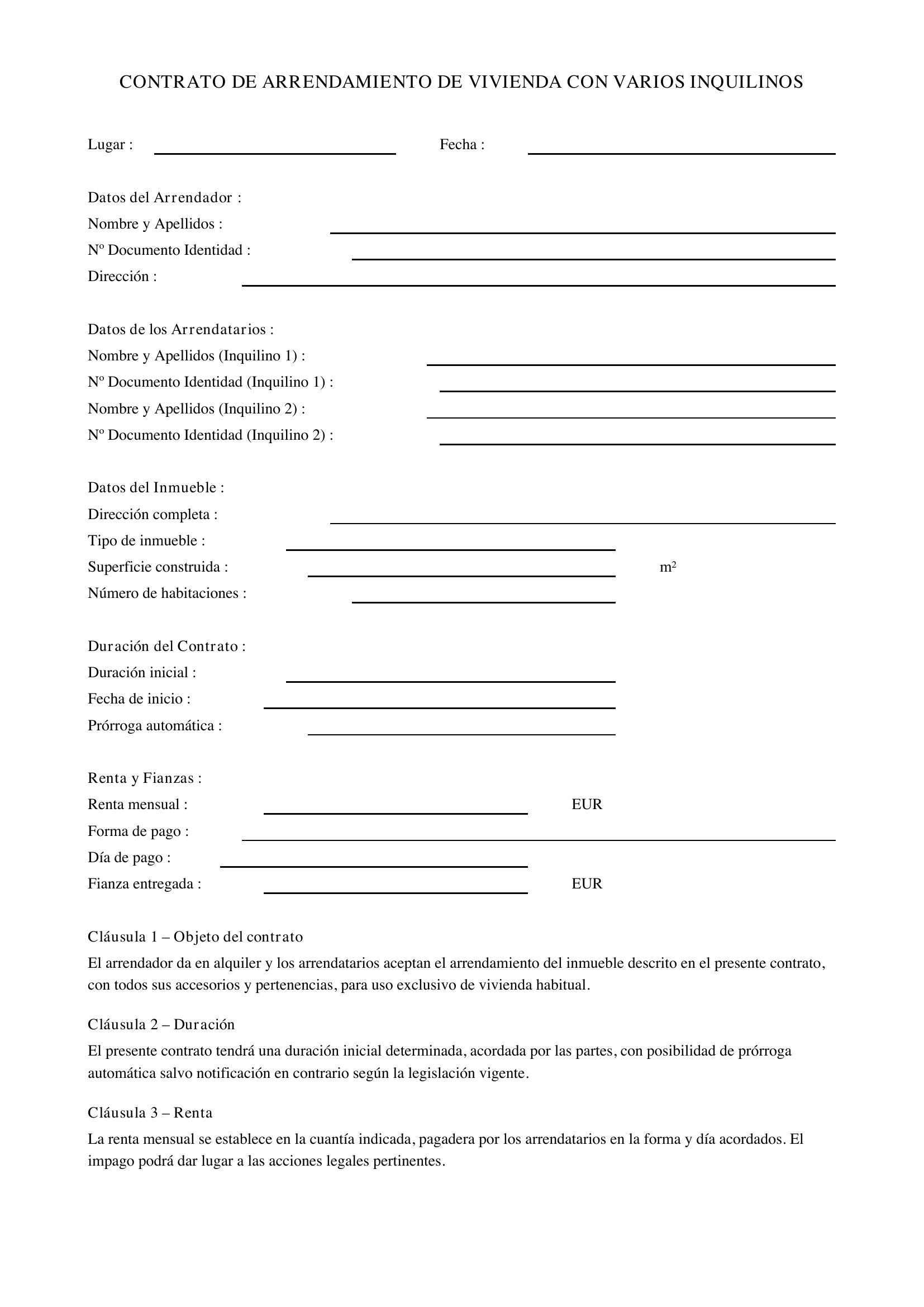 Modelo Contrato Alquiler Varios Inquilinos