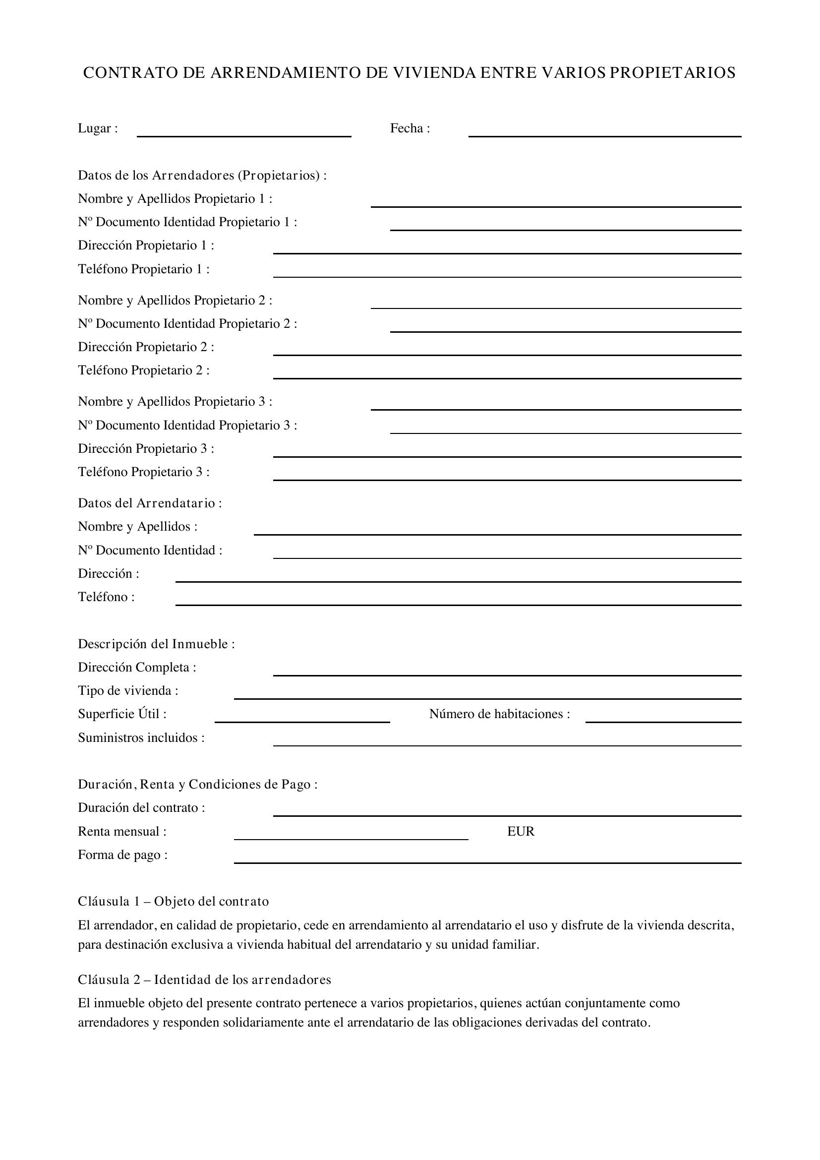 Modelo Contrato Alquiler Varios Propietarios