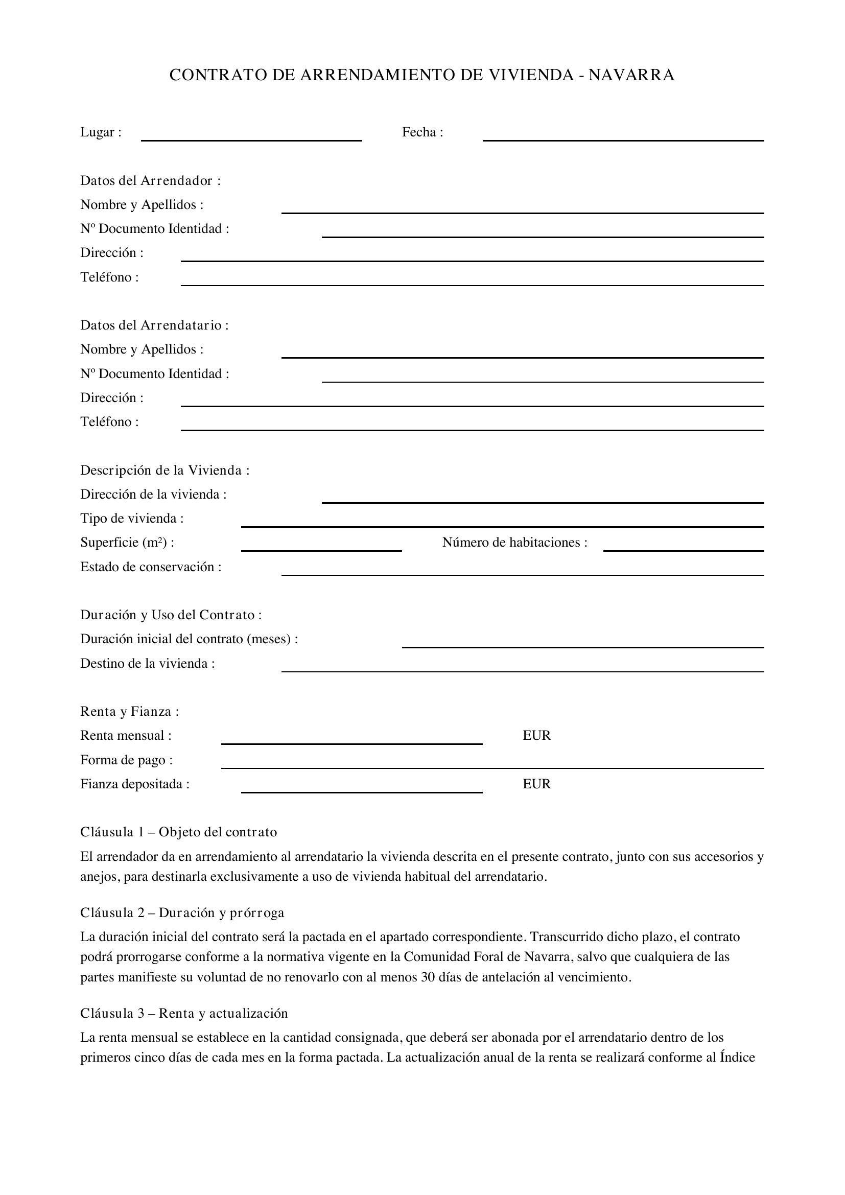 Modelo Contrato Alquiler Vivienda Navarra