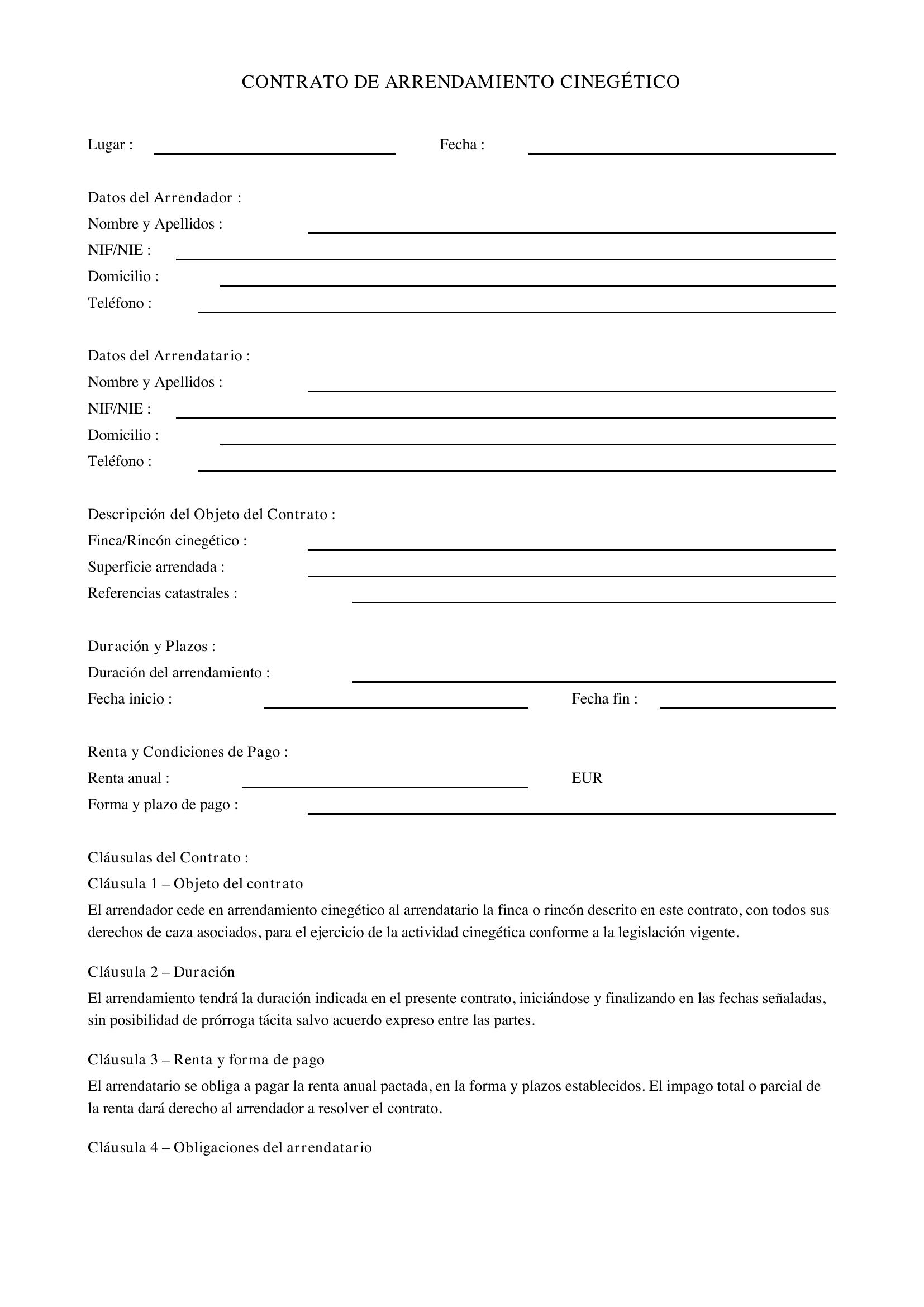 Modelo Contrato Arrendamiento Cinegético