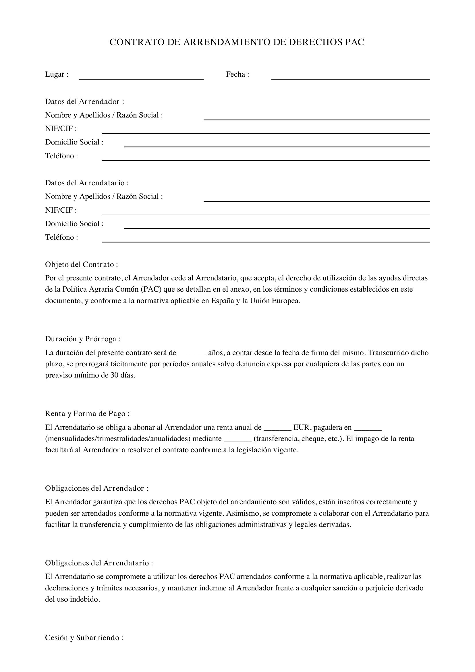 Modelo Contrato Arrendamiento Derechos Pac