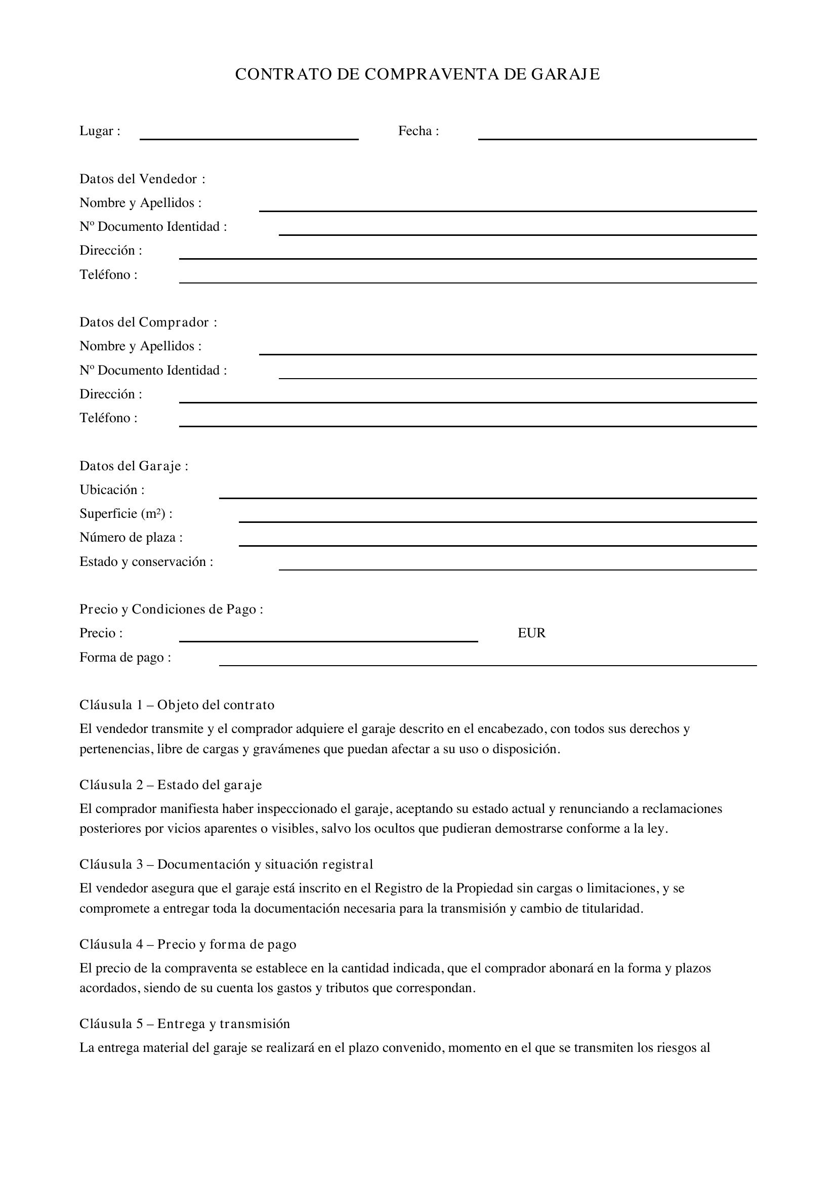 Modelo Contrato Compraventa Garaje