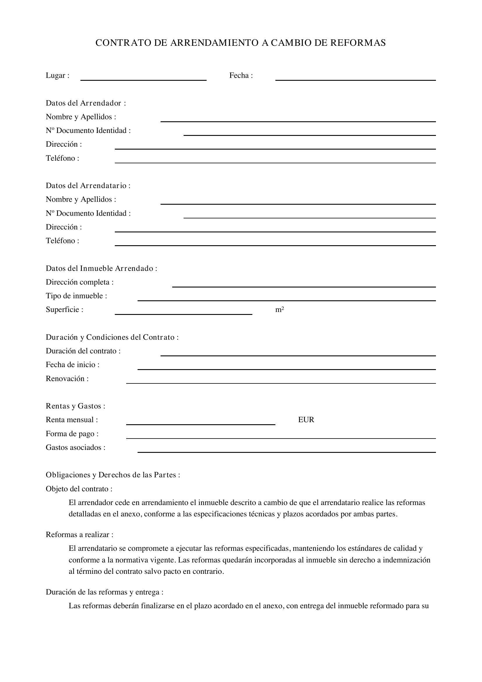 Modelo Contrato De Alquiler A Cambio De Reformas